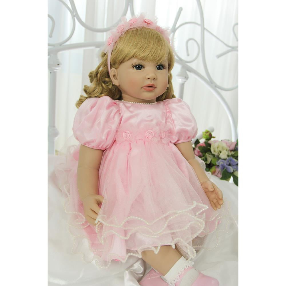 Ktaxon 24" Lovely Silicone Baby Doll Golden Curly Girl Wearing Pink Princess Dress