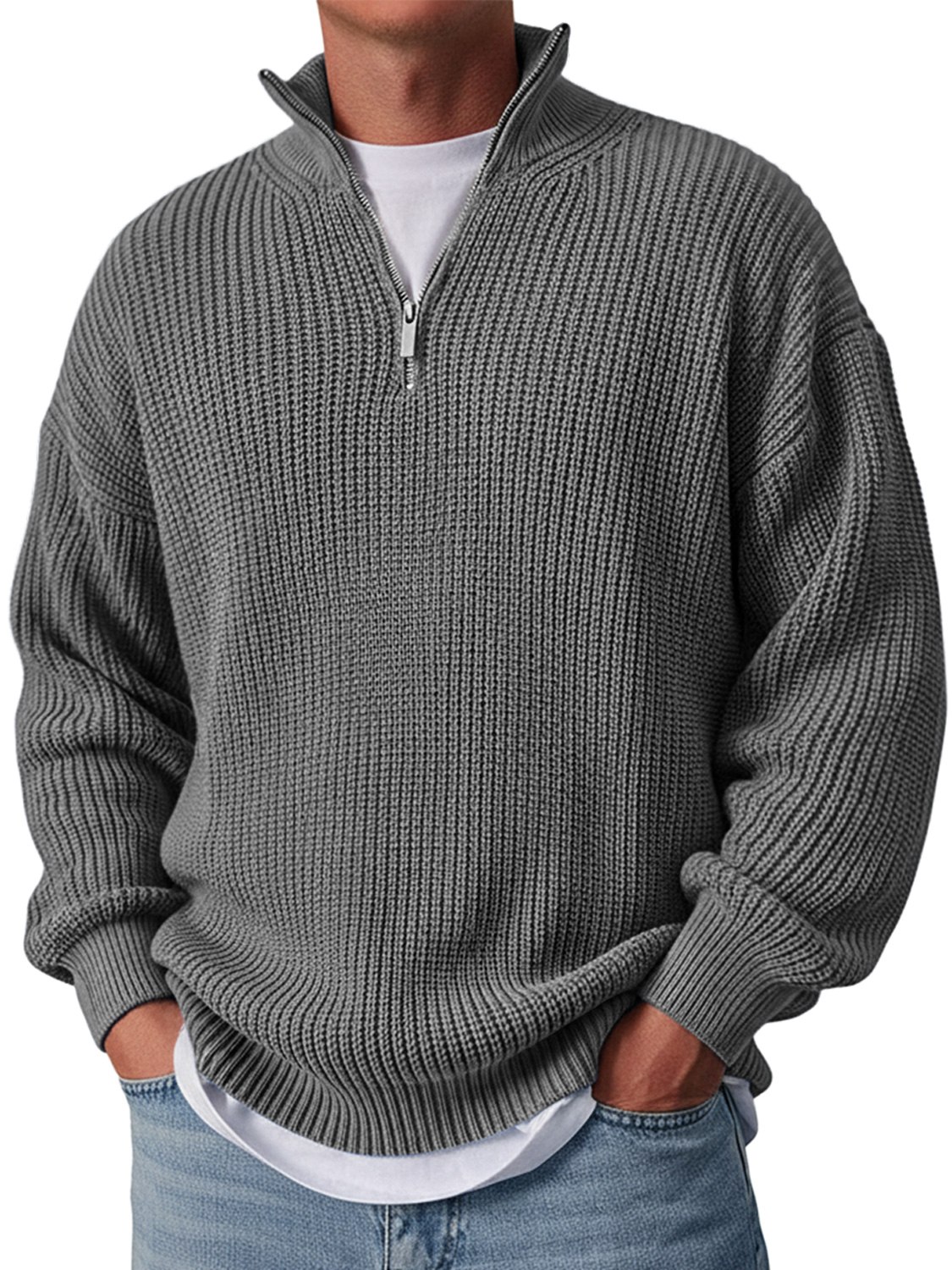Men's Simple Casual Loose Stand Collar Zipper Solid Color Sweater