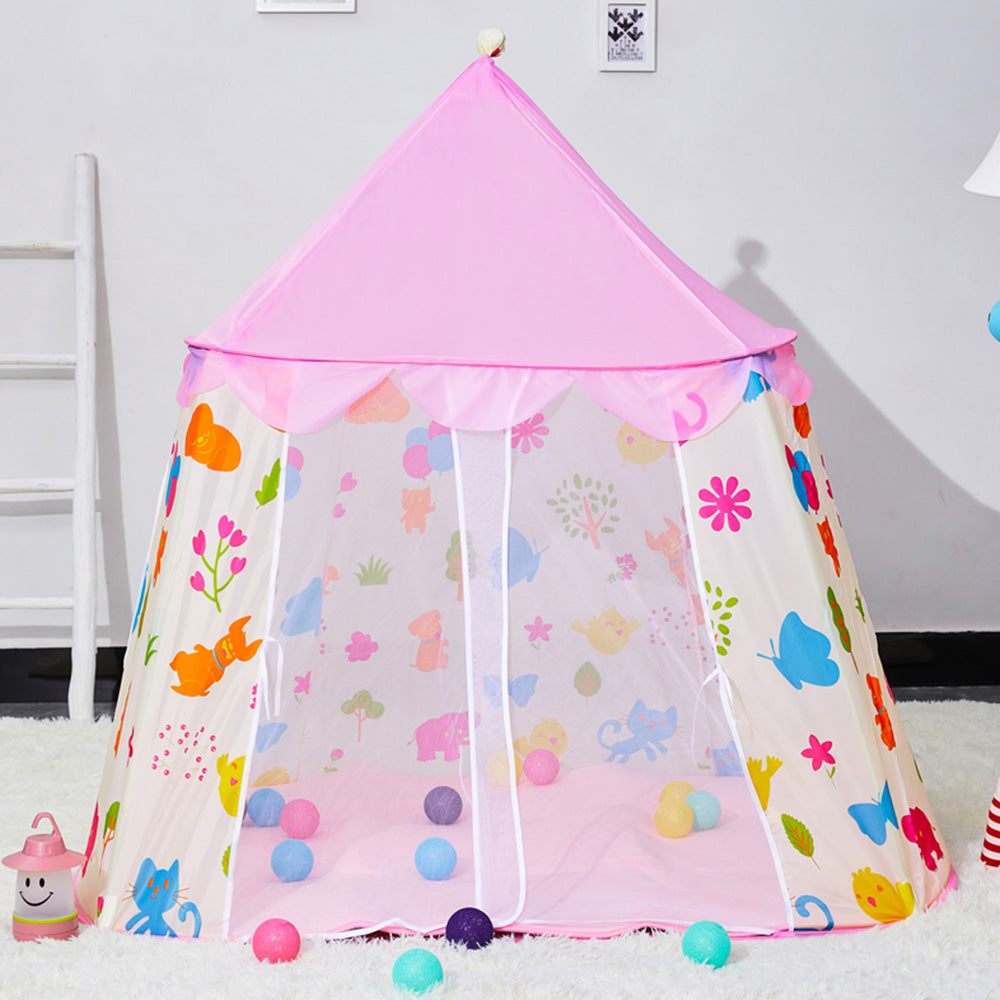 Kids Play Tent Playhouse Indoor & Outdoor Princess Tent, Easy Install Pop Up Play Tents for Kids, Cute Animals Pattern Pink Castle Play House for Girls