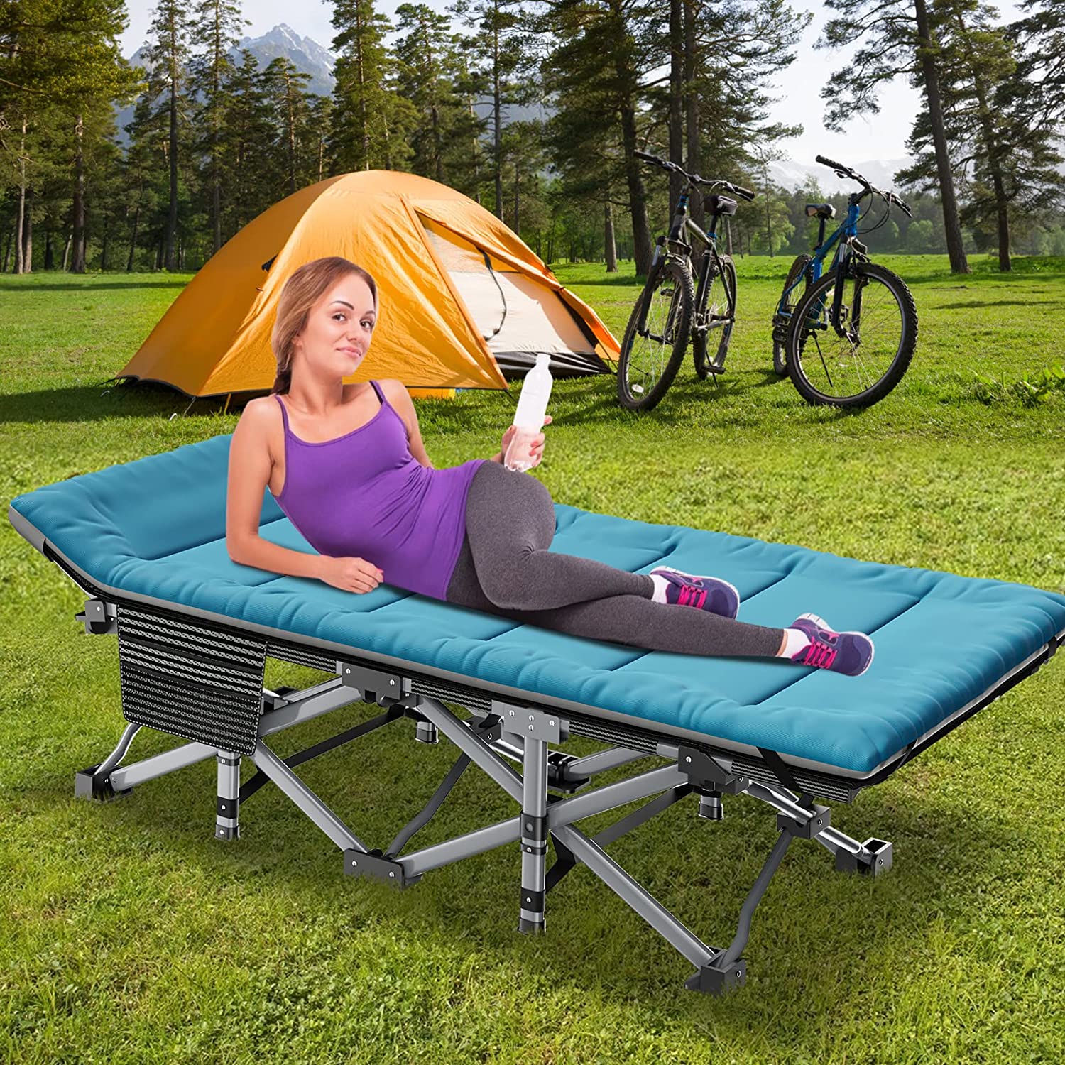 Slsy Folding Camping Cot with 2 Sided Mattress & Carry Bag, Portable Folding Cots for Adults, Heavy Duty Outdoor Sleeping Cot Bed