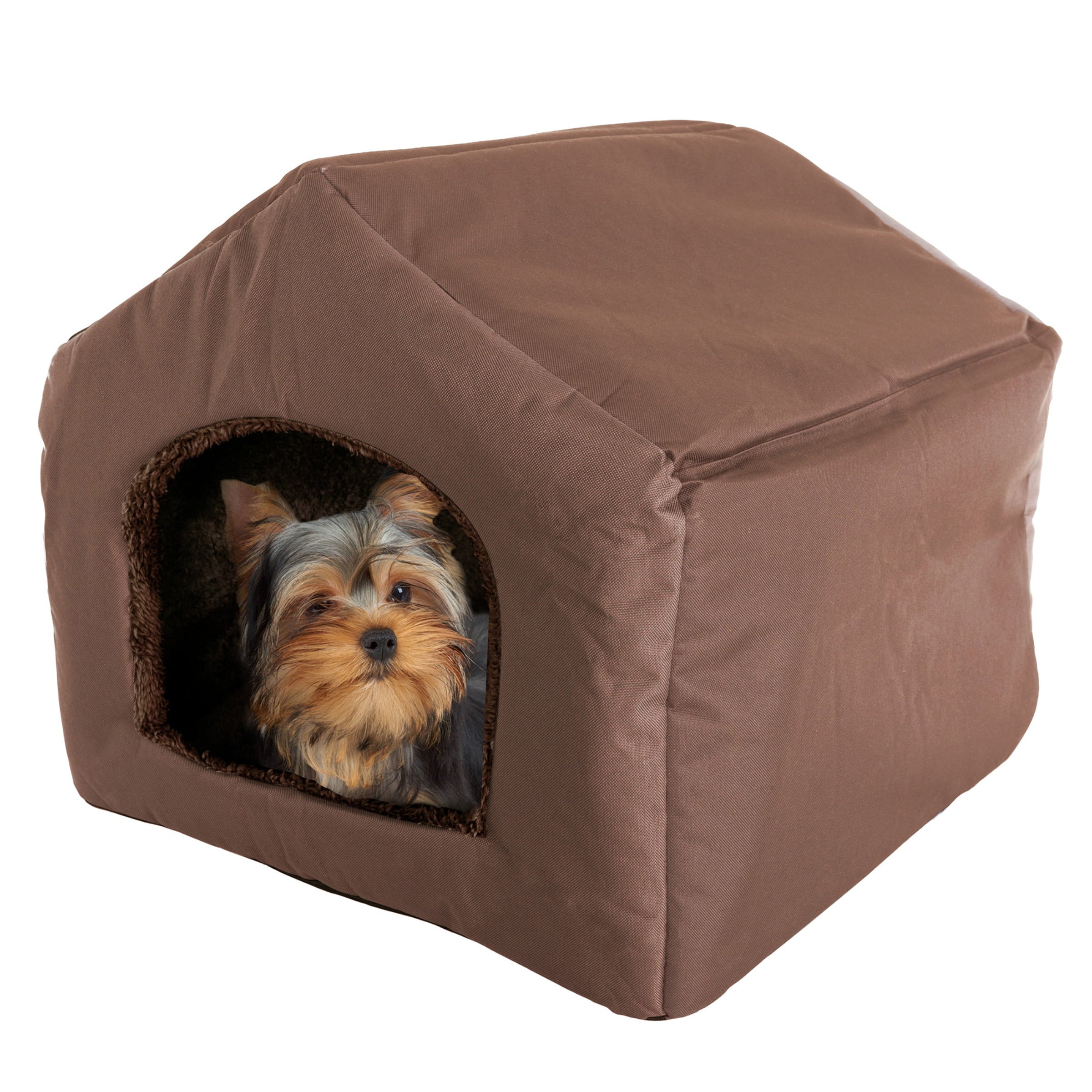 Indoor Dog House - Covered Dog Bed or Cat Cave with Removable Sherpa-Lined Foam Cushion - Pet House for Small Animals up to 35lbs by PETMAKER (Brown)