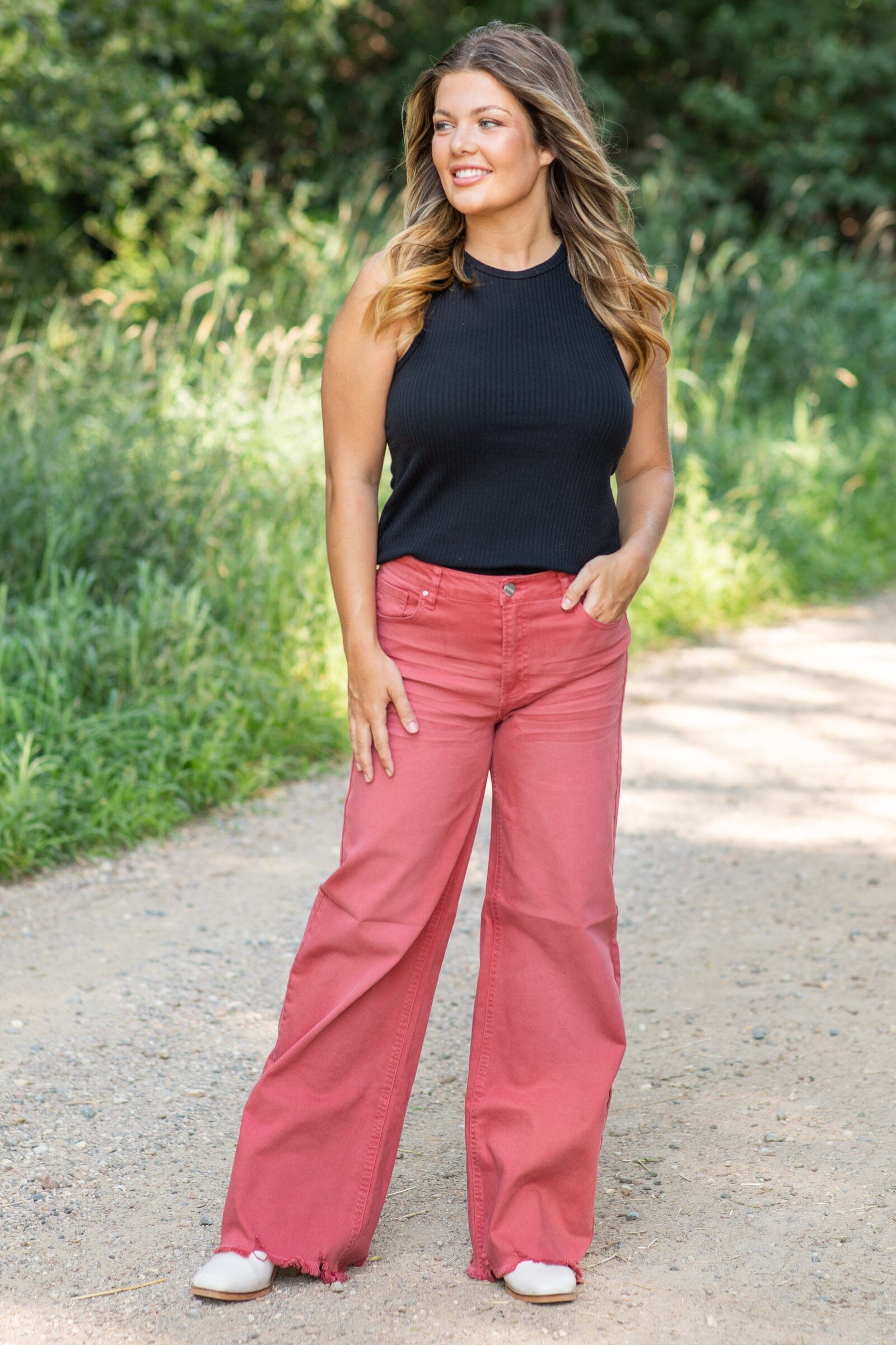 Risen Wine Wide Leg Fray Hem Jeans