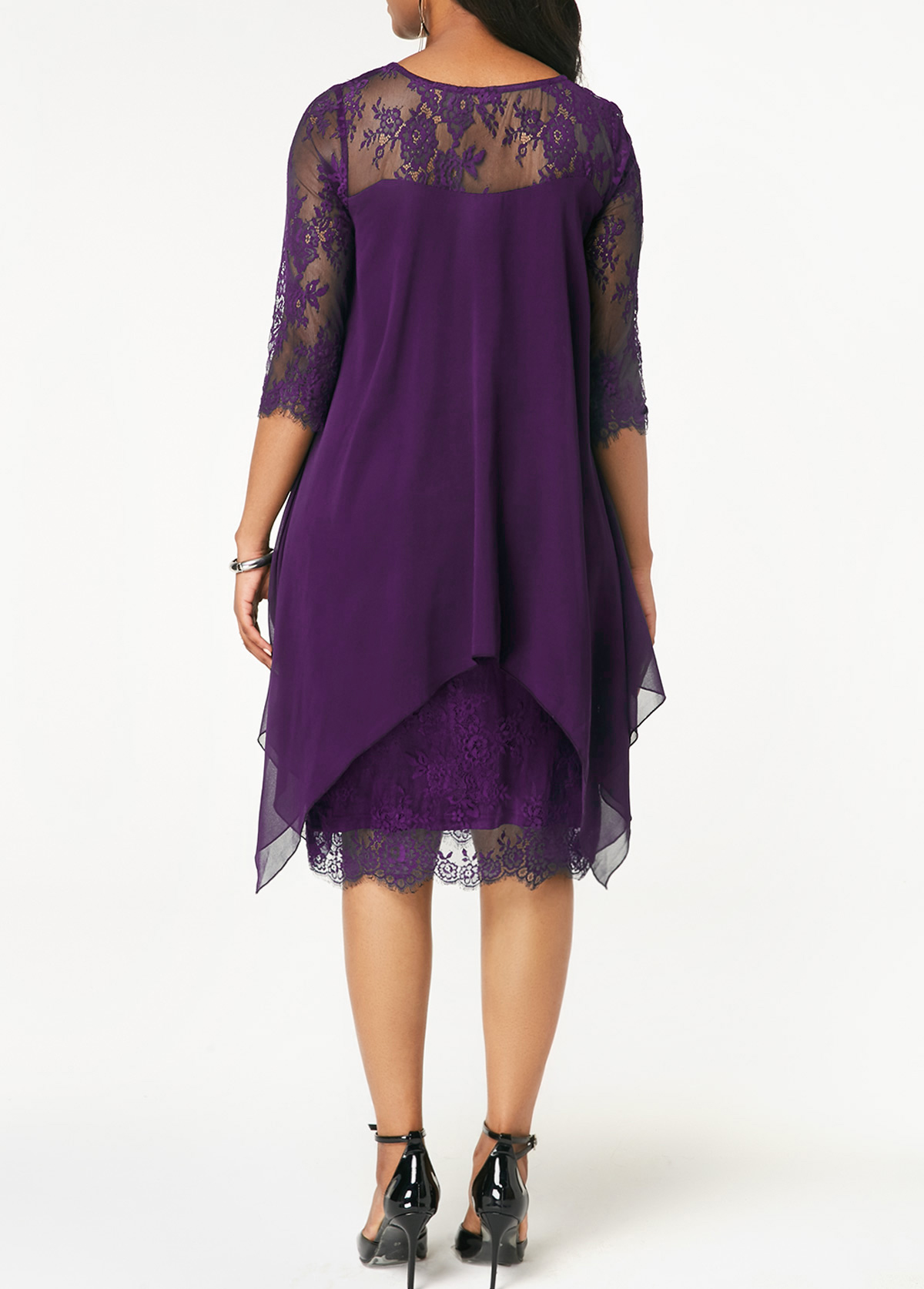 Chiffon Overlay Three Quarter Sleeve Lace Dress