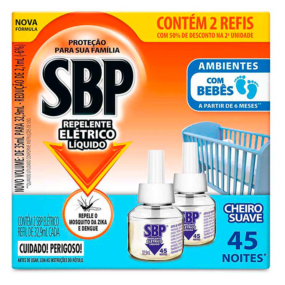 Repelente Eletrico Liquido SBP 45 Noites Cheiro Suave com 2 unidades de 32,9ml