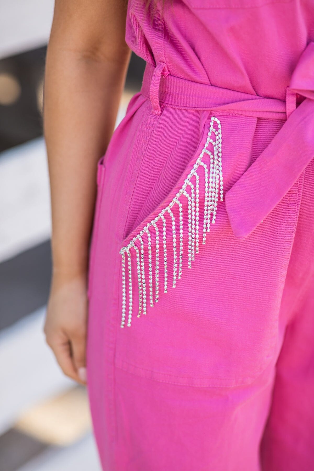 Pink Denim Jumpsuit Beaded Fringe Trim