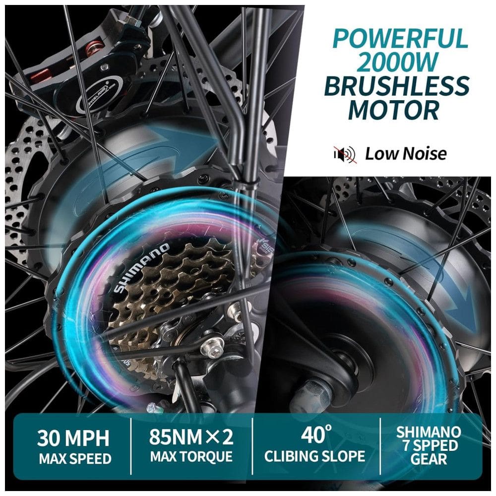 Bicicleta Elétrica QIKAITU Q7 2000W Duplo Motor, 48V 23Ah, Autonomia 96 km, Rodas 26