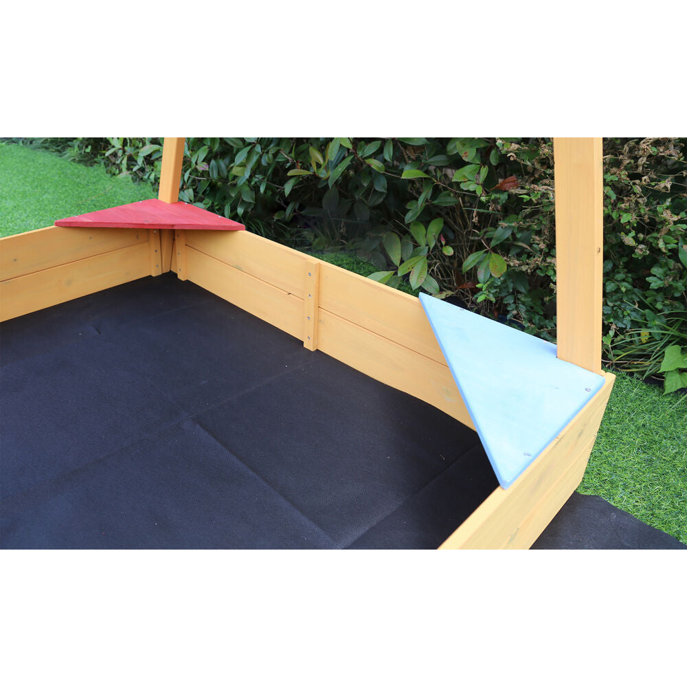 Critter Sitter Children's Wood Sand Box Boat with Red and White Striped Canopy， Wheel， and Bottom Liner - CSSB0103-NAT