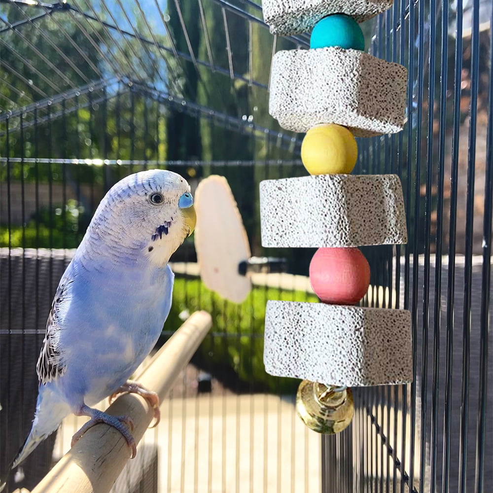 Parrot Chewing Toy， Bird Beak Grinding Stone with Bell， Lava Block Calcium Supplement Food for African Greys Amazon Conure Eclectus Budgies Parakeet Cockatiel Hamster Chinchilla Rabbit， 2 Pack