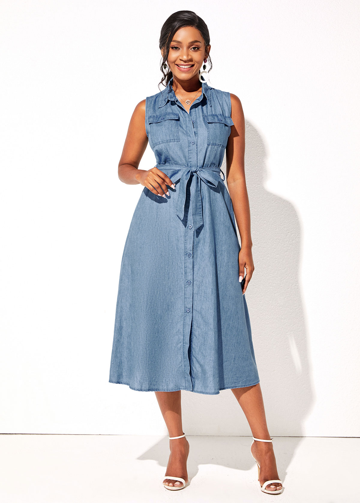 Sleeveless Turndown Collar Demin Button Up Belted Dress