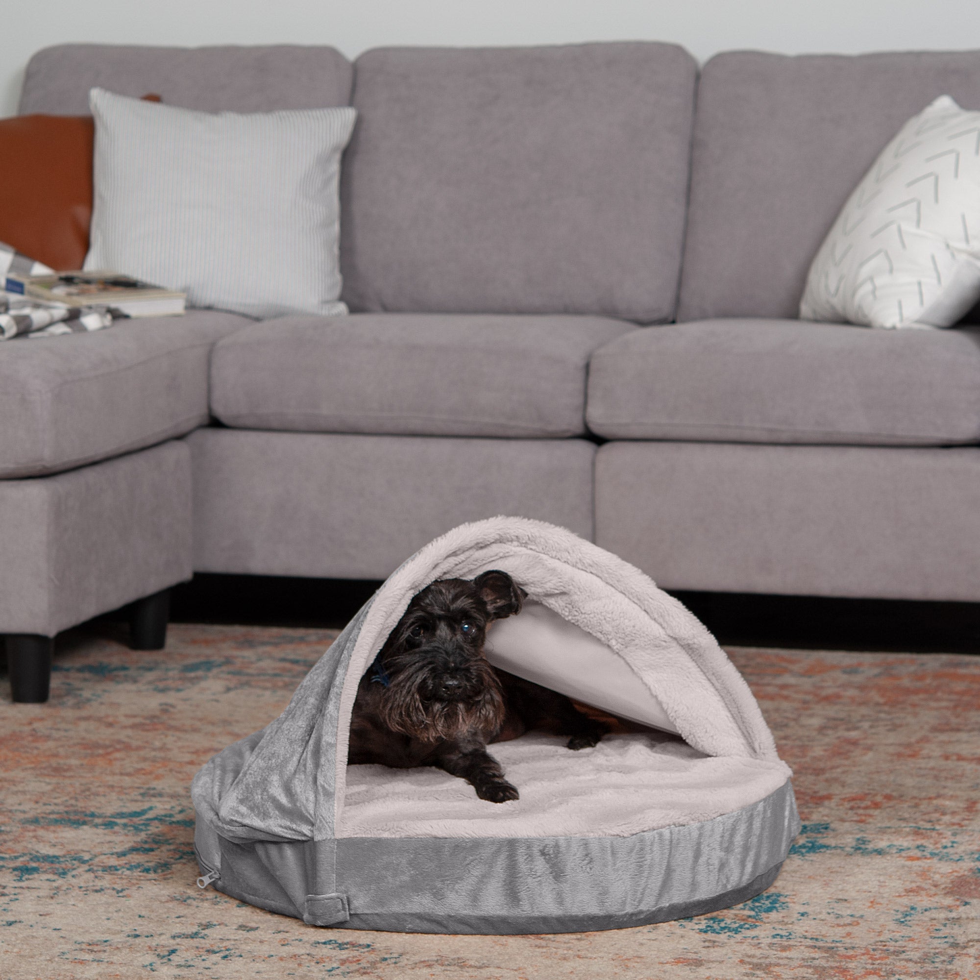 FurHaven | Cooling Gel Wave Fur and Velvet Snuggery Pet Bed for Dogs and Cats， Dark Gray， 26-Inch