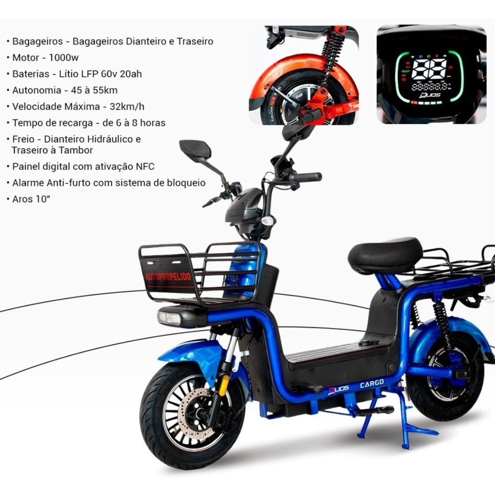 Bicicleta Elétrica 1000W Bateria de Lítio Alarme Cargo Duos Azul