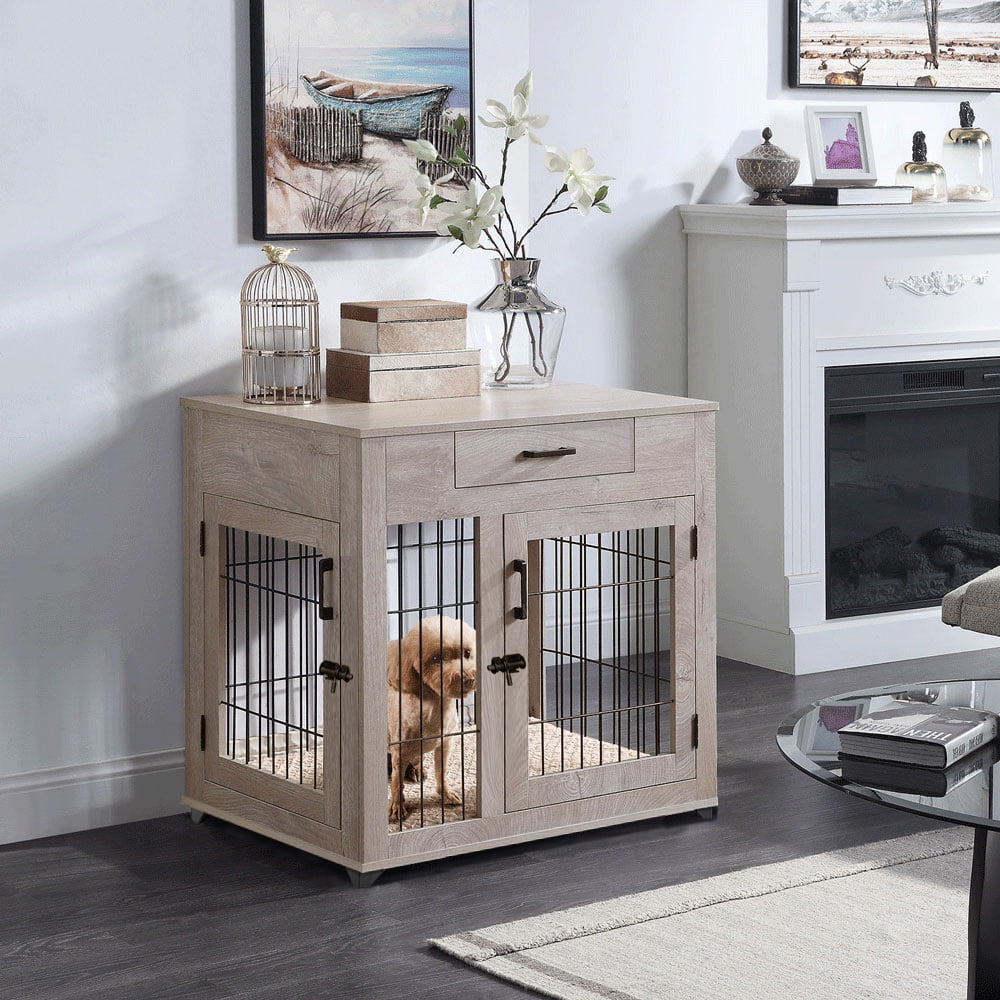 Unipaws Dog Crate with Drawer， Furniture Style Pet Kennels with Double Doors and Cushion
