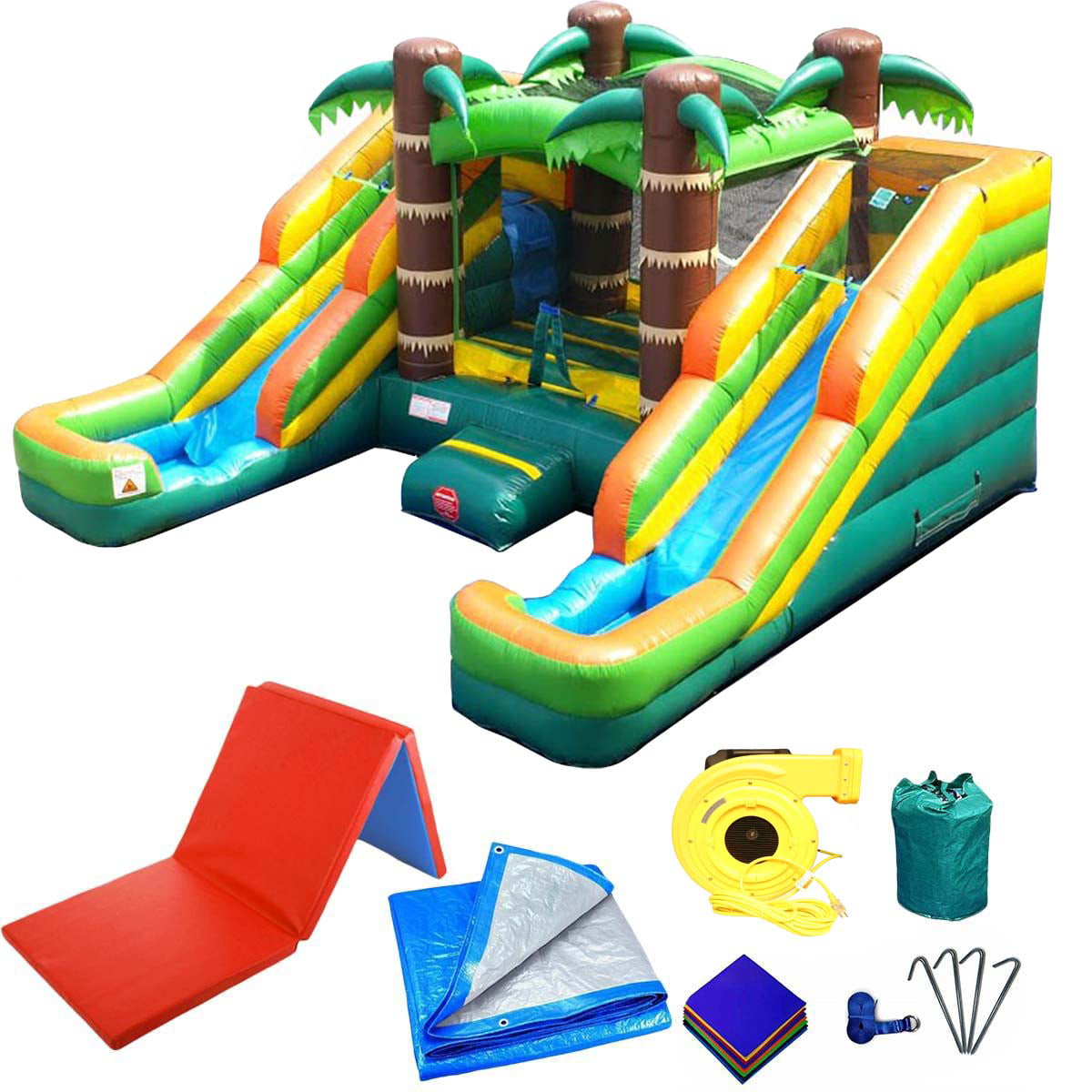 Pogo Bounce House Crossover Tropical Inflatable Double Water Slide Bounce House， Backyard Party Package