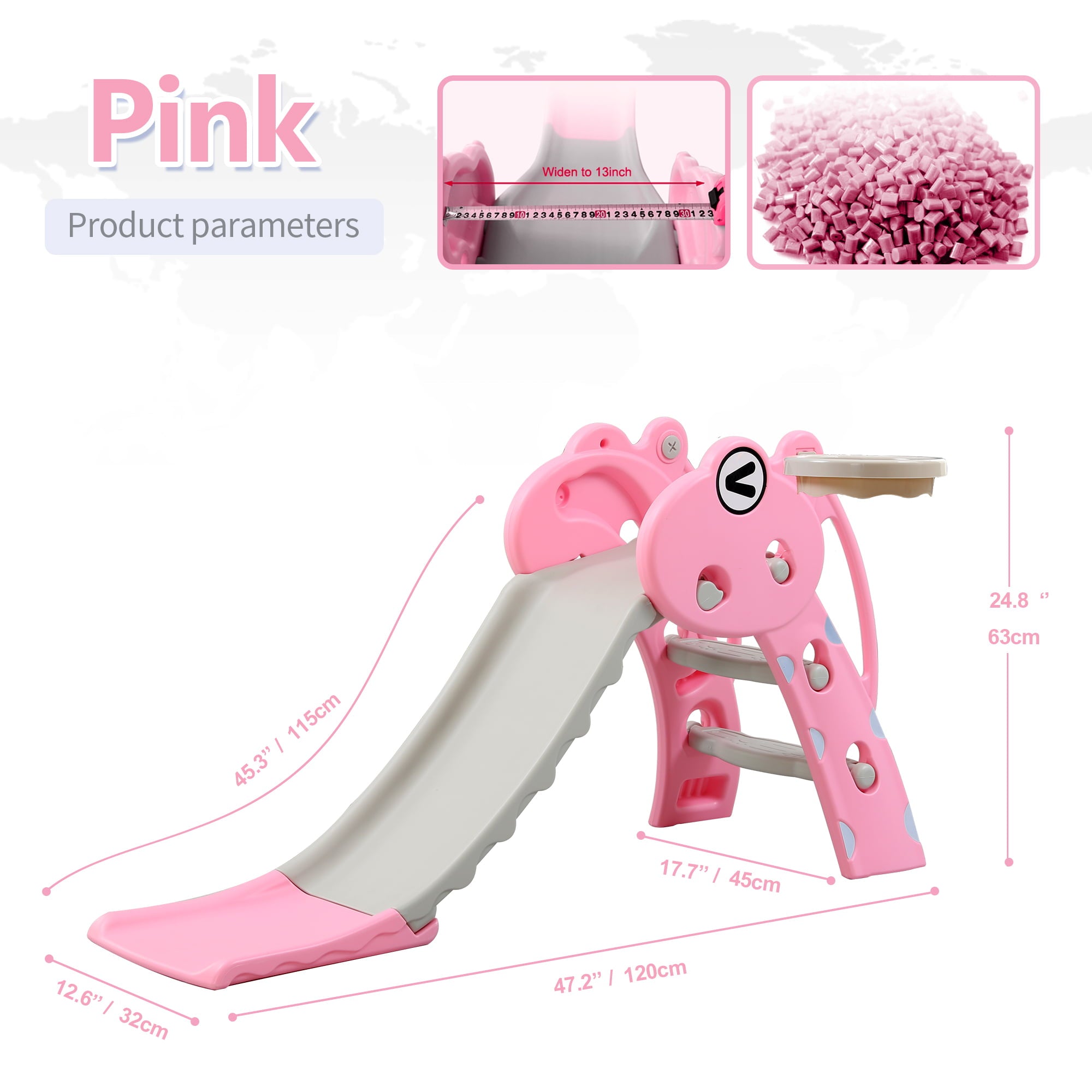 REIDIU 3 in 1 Slide for Kids， Baby Play Climber Slide Set with Extra Long Slipping Slope， Basketball Hoop and Ball， Multifunctional Household Play Slide Toy for Boys and Girls，Deer Pink