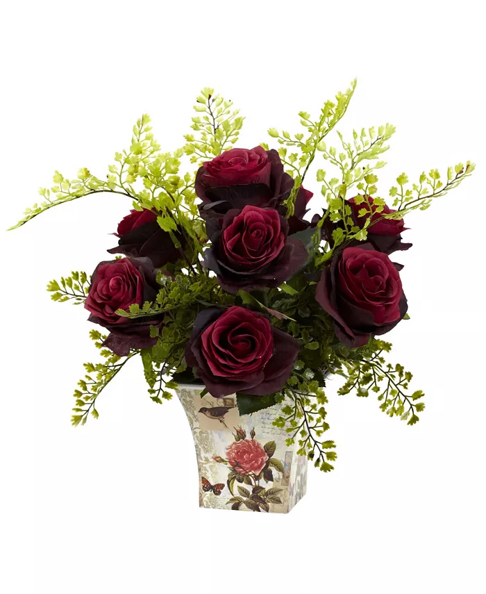 Nearly Natural Rose and Maiden Hair w Floral Planter
