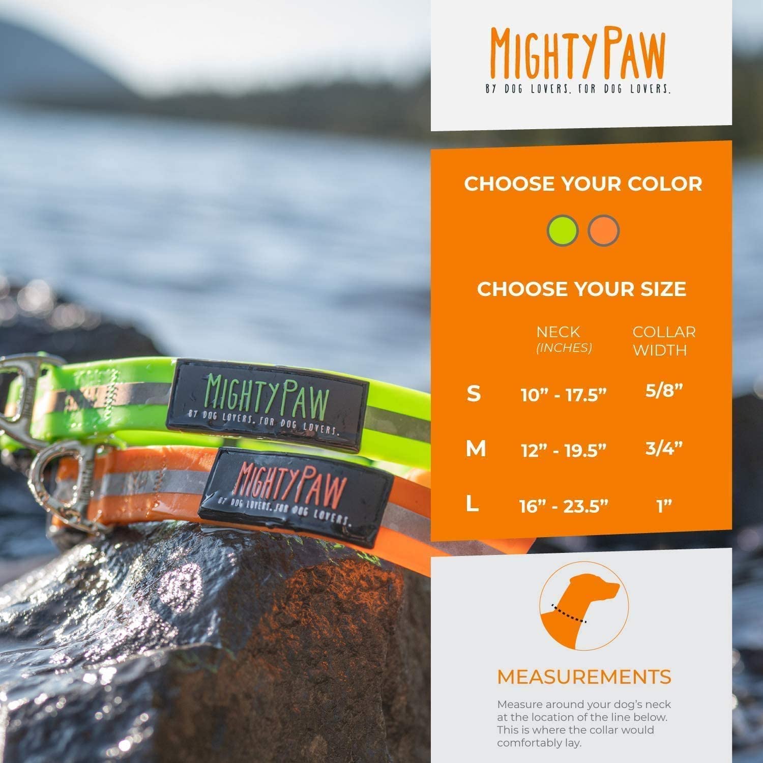 Mighty Paw Waterproof Dog Collar， Smell-Proof Active Dog Gear， Coated Nylon Webbing with Reflective Stripe