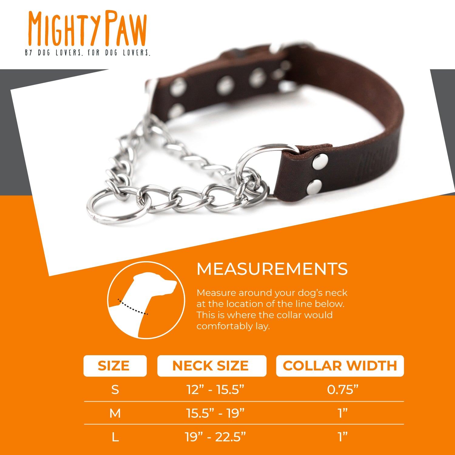 Mighty Paw Leather Training Collar， Martingale Collar， Stainless Steel Chain - Limited Chain Cinch Collar