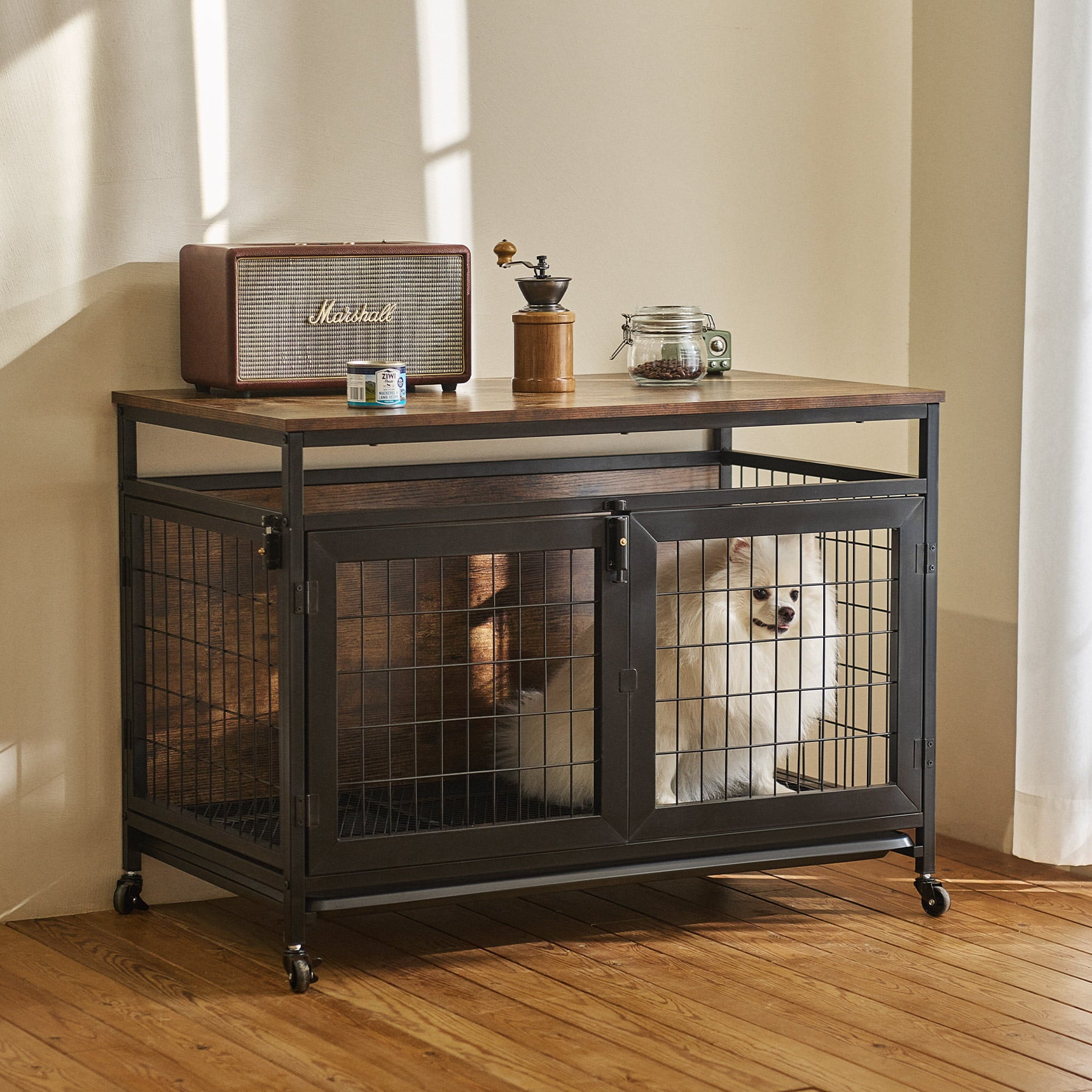 CO-Z Large Dog Crate Furniture Style Dog Cage with Tray Wheels Three Doors Open Space