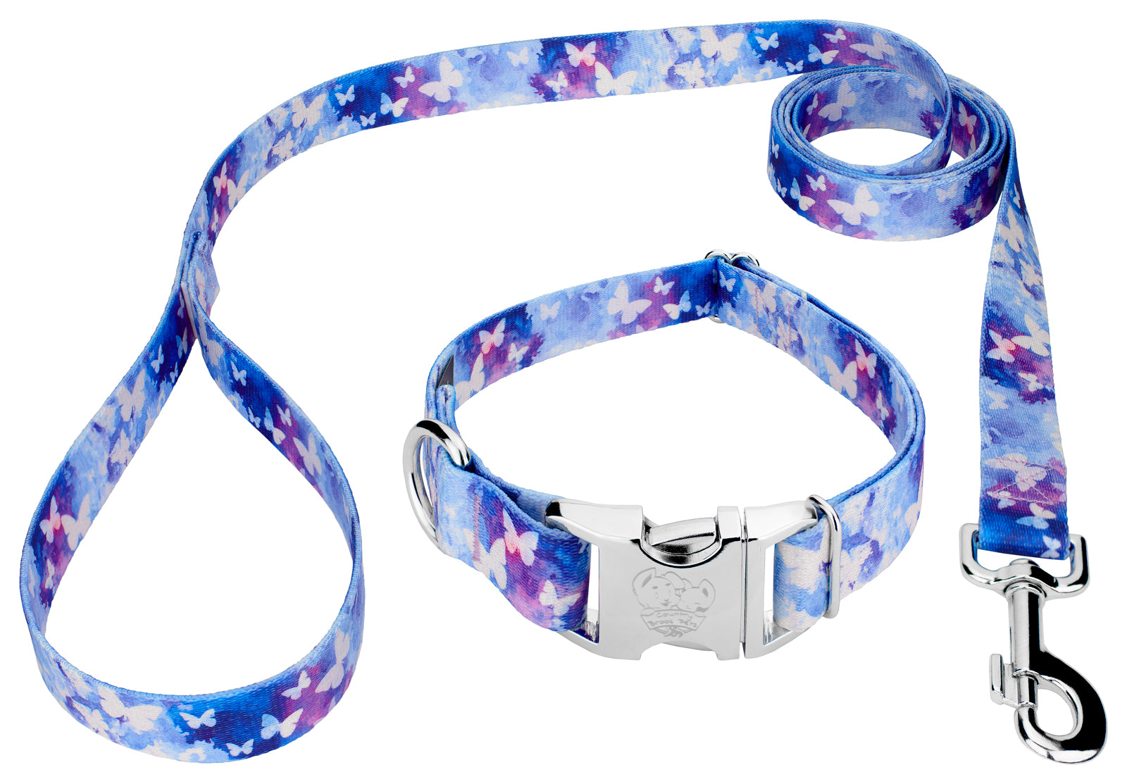 Country Brook Petz® Premium Watercolor Butterflies Dog Collar and Leash， Extra Large