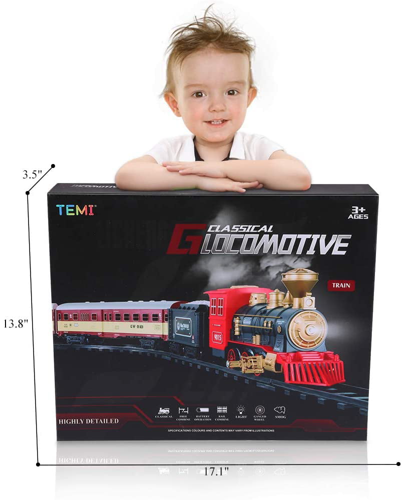 Temi Train Sets w/ Steam Locomotive Engine， Cargo Car and Tracks， Battery Operated Play Set Toy w/ Smoke， Light and Sounds， Perfect for Kids， Boys and Girls， Red