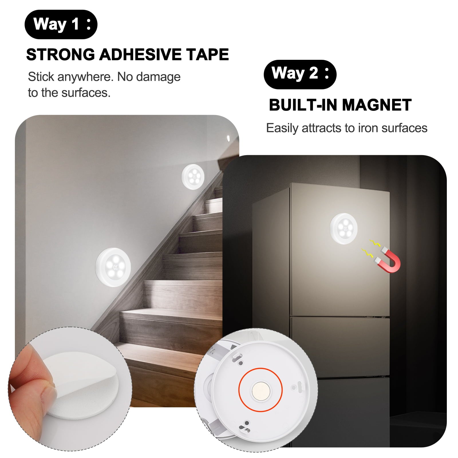 TSV 3Pcs Motion Sensor 6 LED Closet Light， Hallway Stair Step Light， White