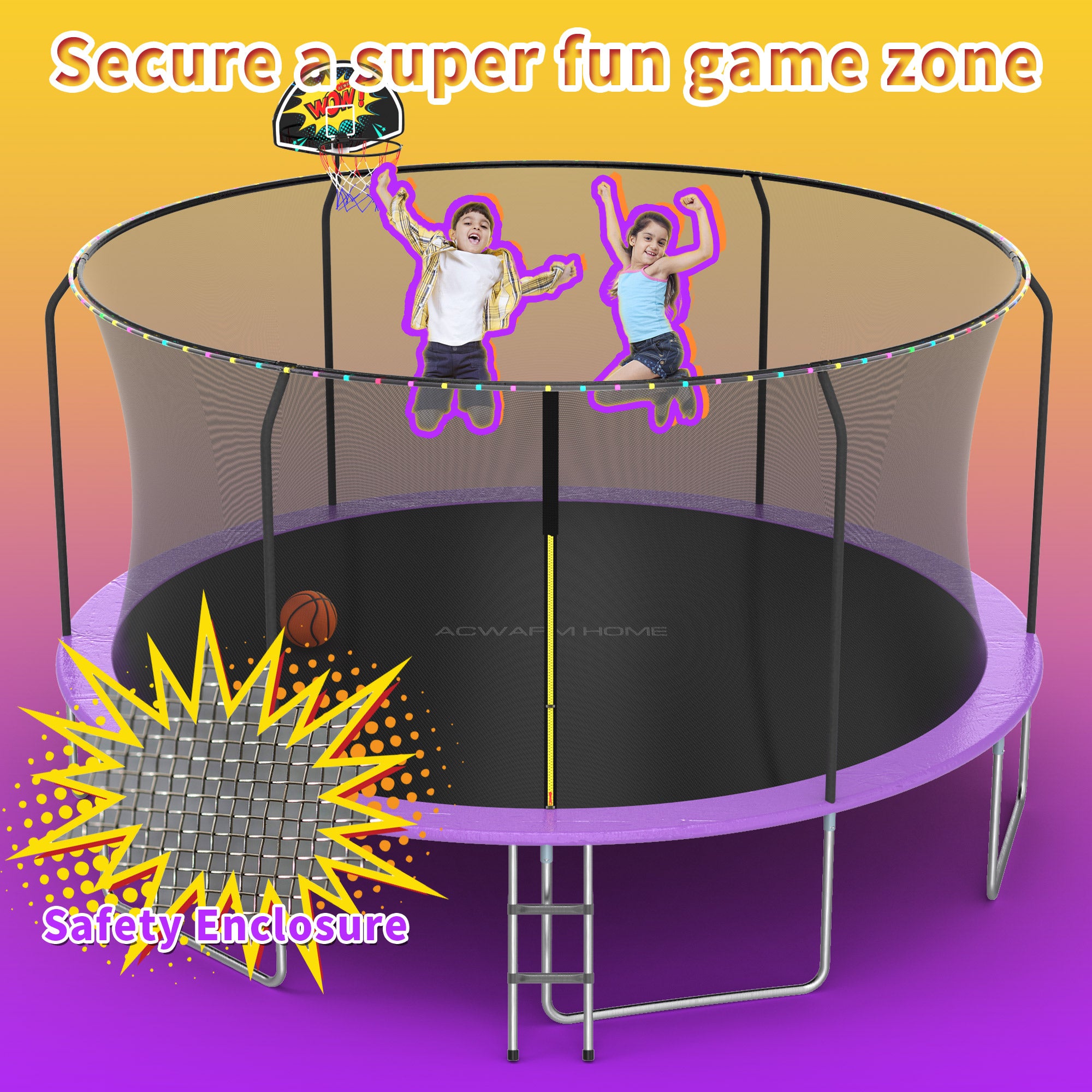 ACWARM HOME 14FT Purple Outdoor Trampoline with Basketball Hoop