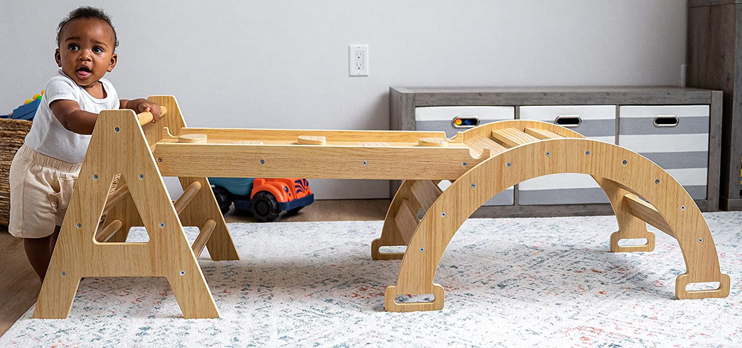 Avenlur MAPLE Montessori Waldorf Style Indoor Gym 5-in-1 Playset Foldable Triangle Ladder， Rock Climbing Ramp， Arch Climber， Slide， Rocker， Children Play Set Structure Playground Toddlers， Kids 1-6yrs