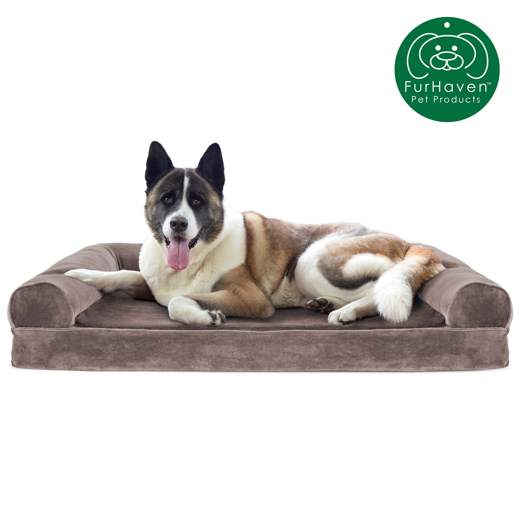 FurHaven | Cooling Gel Faux Fur and Velvet Sofa Pet Bed for Dogs and Cats， Driftwood Brown， Jumbo