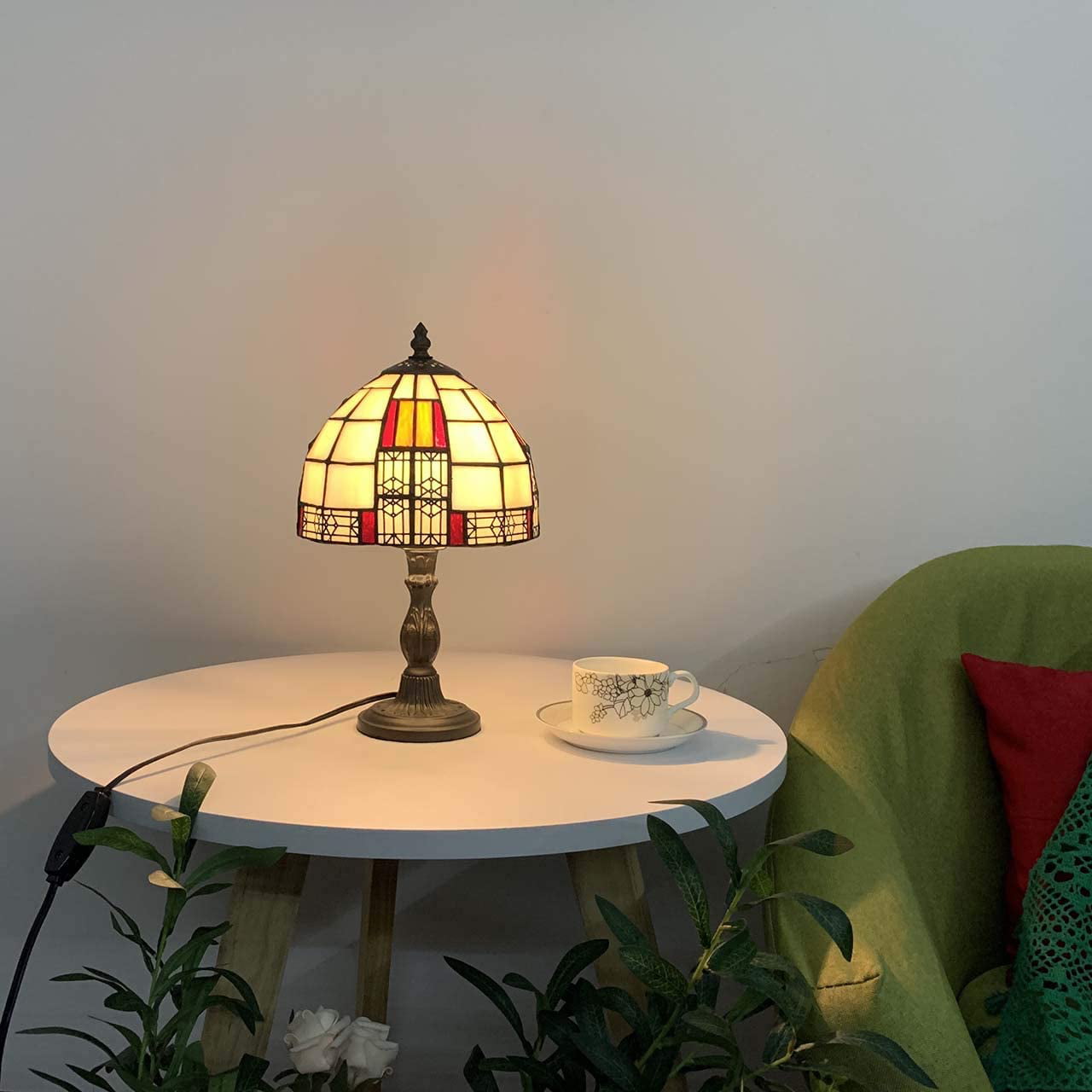 SHADY L10728 Color Block  Style Stained Glass Table Lamp with 8-inch Wide Lampshade for Bedside Bedroom Living Room  13"H