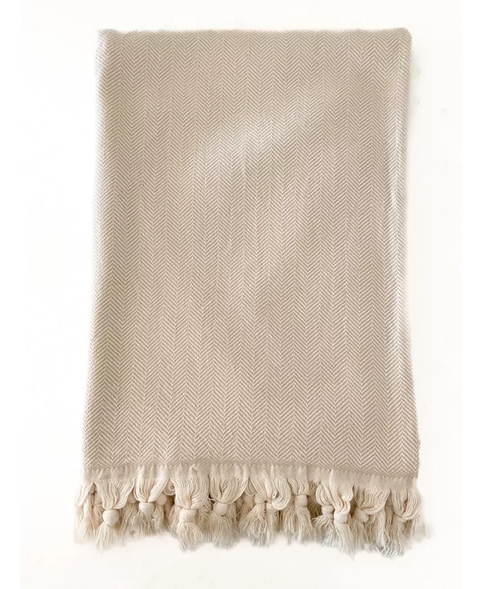 Anaya Home Beige Turkish Cotton Herringbone Throw Blanket with Tassels 55x75