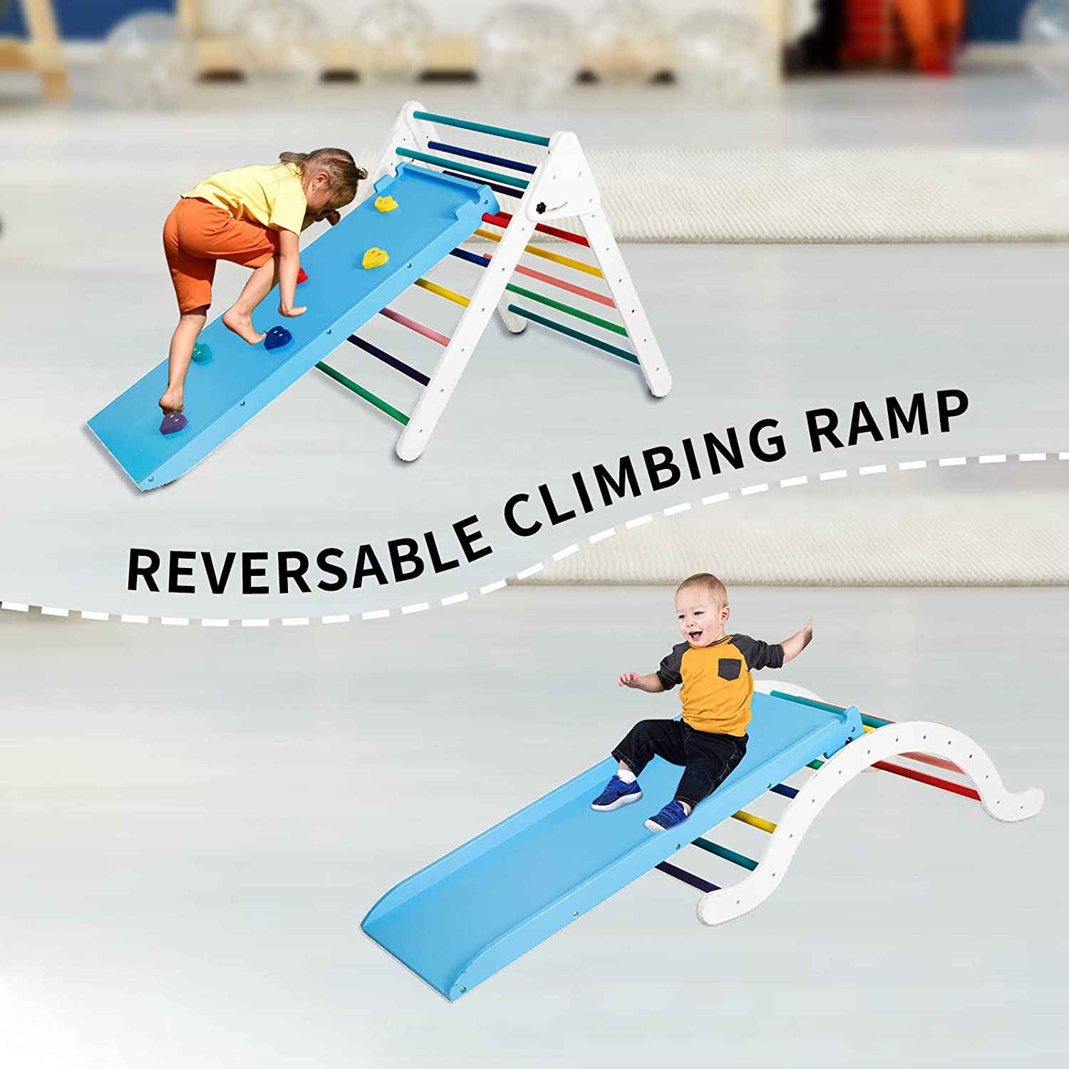 Large Climbing Triangle Set for Kids and Toddlers， Foldable Indoor Triangle Climber with Ramp and Climbing Arch