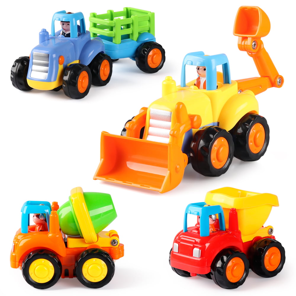 Coogam Friction Powered Cars Construction Vehicles Toy Set Cartoon Push and Go Car Tractor for 1 Year Old Boy(4 Pack)