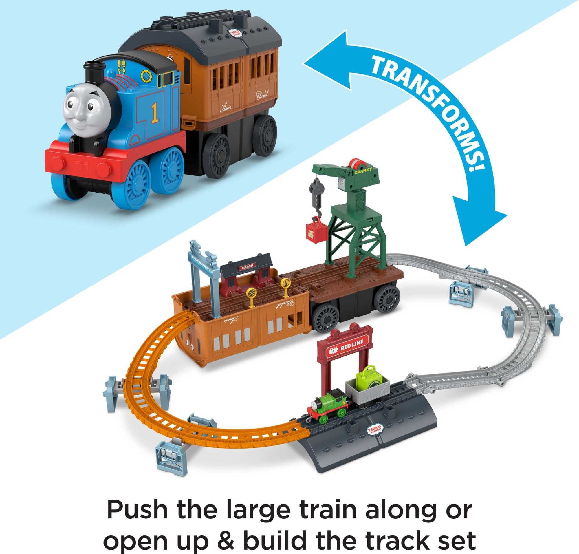 Thomas and Friends Push-Along Train and Track Set for Kids 2-in-1 Transforming Thomas Playset with Storage and Working Crane for Ages 3+ Years