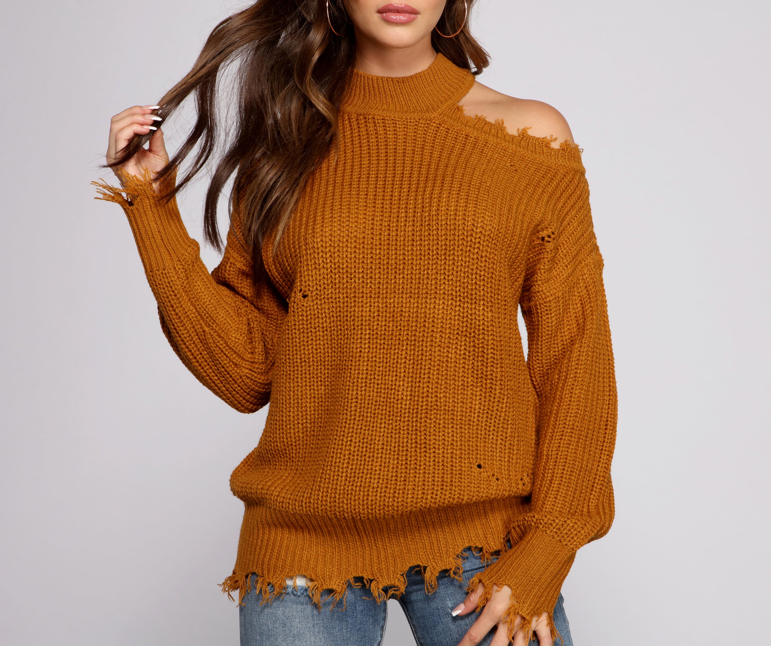 Distressed Cold Shoulder Crew Neck Sweater