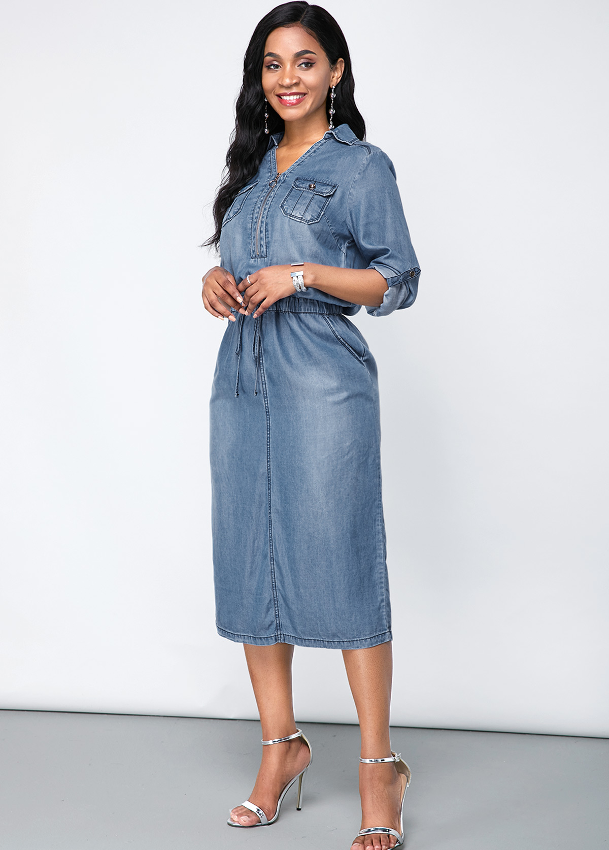 Denim Chest Pocket Turndown Collar Dress