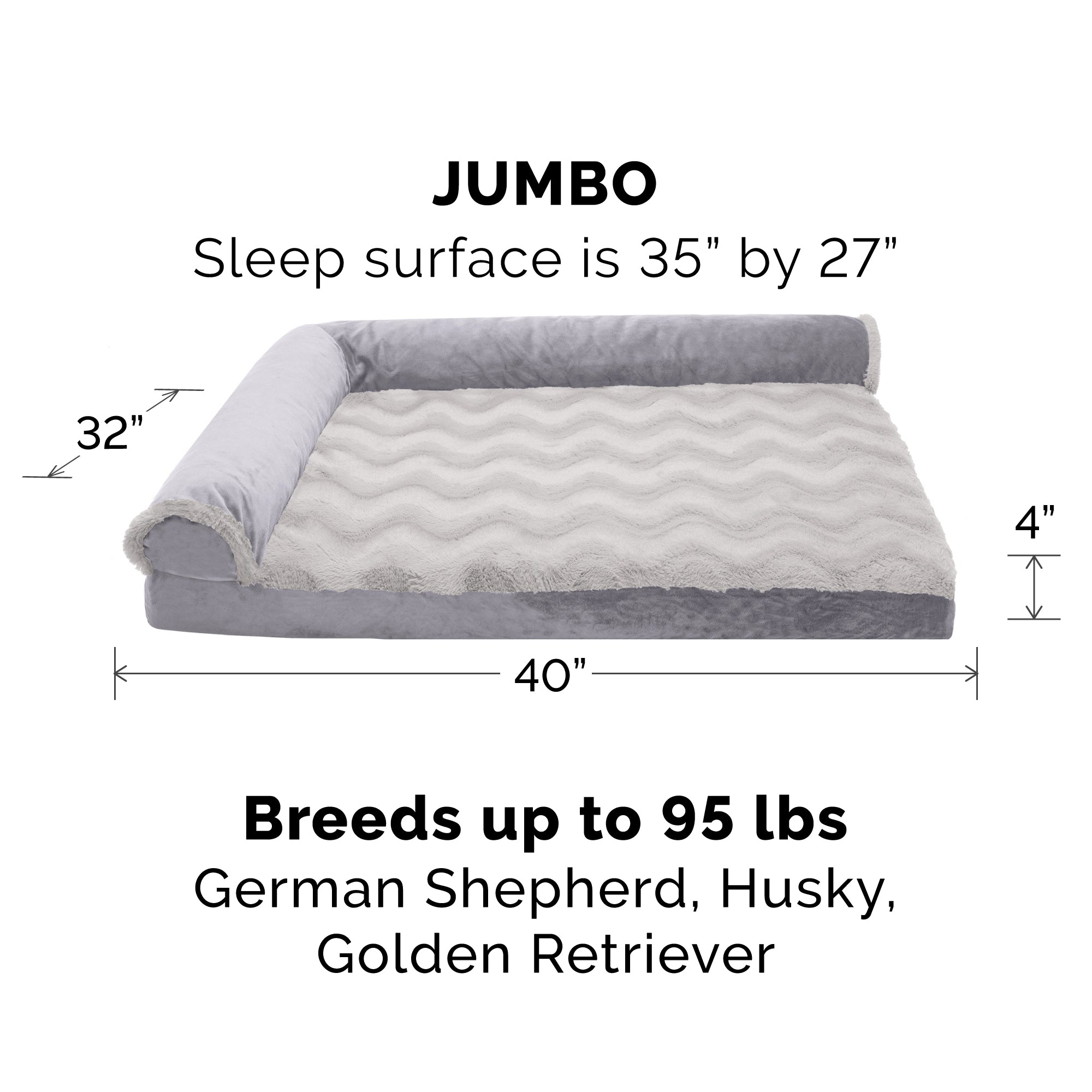 FurHaven | Deluxe Orthopedic Wave Fur and Velvet L-Chaise Lounge Pet Bed for Dogs and Cats， Granite Gray， Jumbo