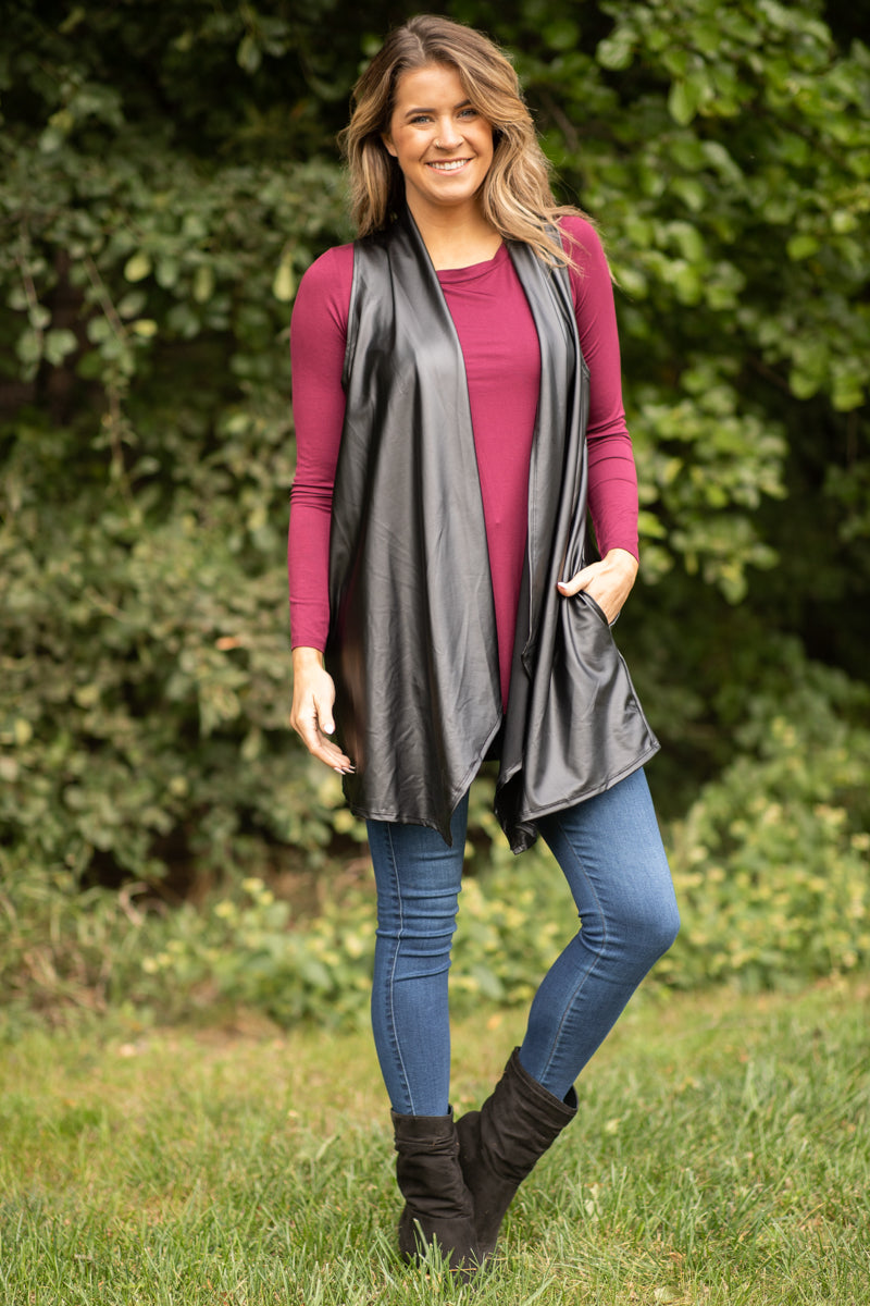 Black Faux Leather Mid Length Vest