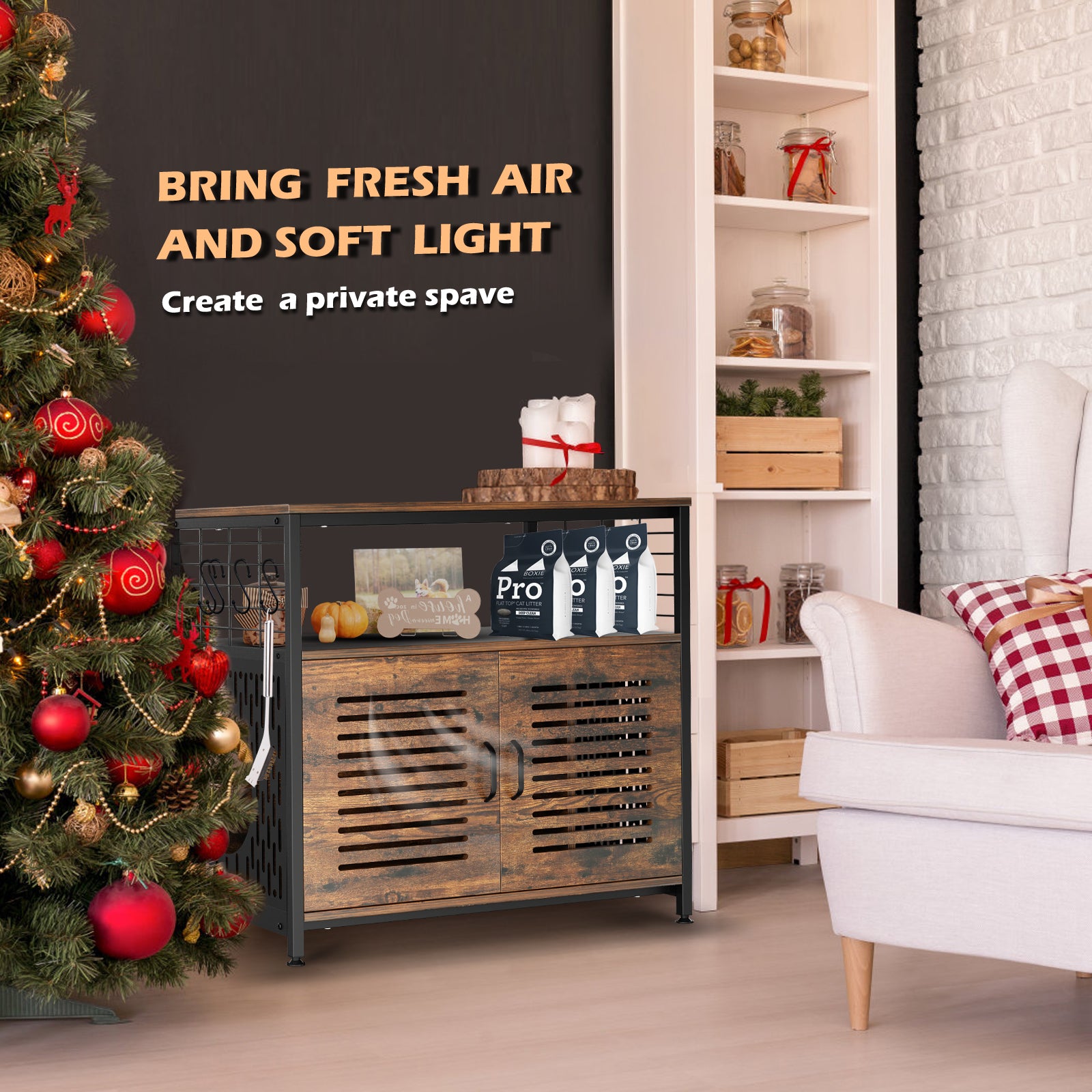 ABORON Cat Litter Box Furniture Hidden，Hidden Cat Washroom Furniture with Divider，Wooden Pet House End Table，Nightstand，Cat House