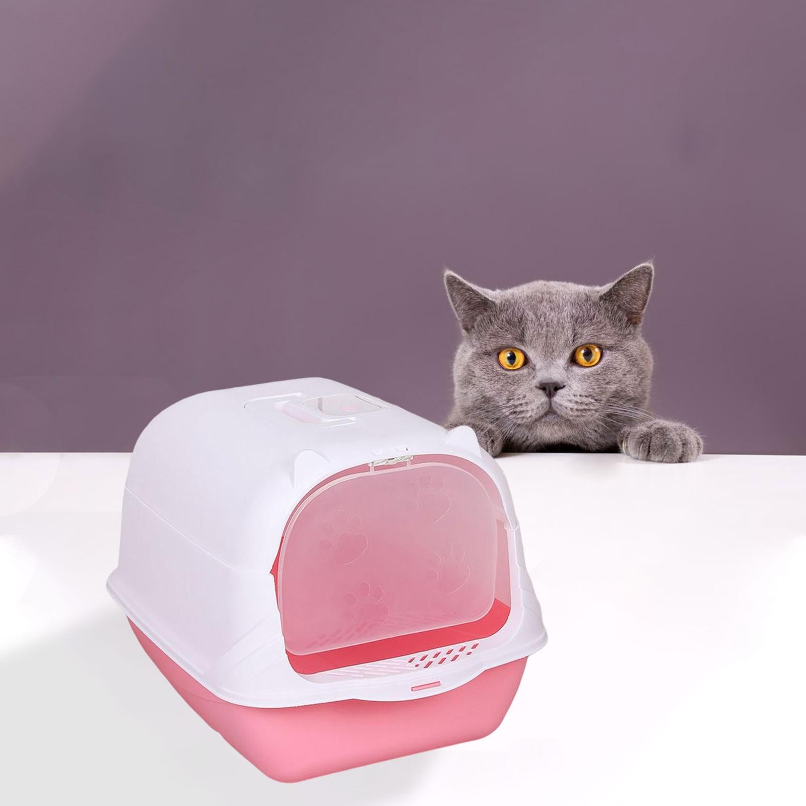 High Sided Pet Litter Tray Enclosed Potty Toilet with Gate Hooded Cat Litter Box Pink
