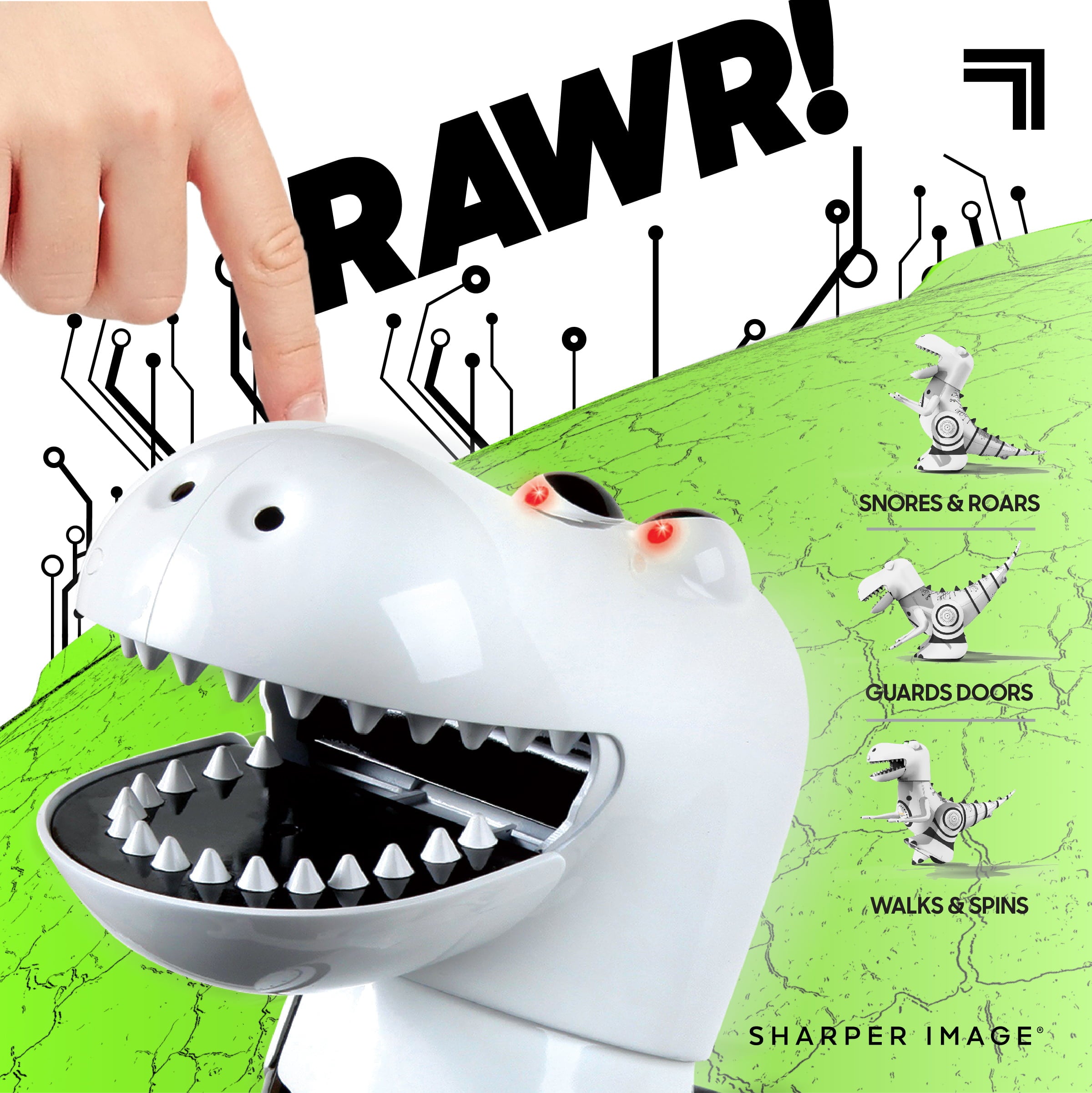 Sharper Image Interactive RC Robotosaur Dinosaur， Built-in Mood Sensors and Color-Changing LED Eyes， Motion Detection， Growls， Snores， Battery Operated- White/Black