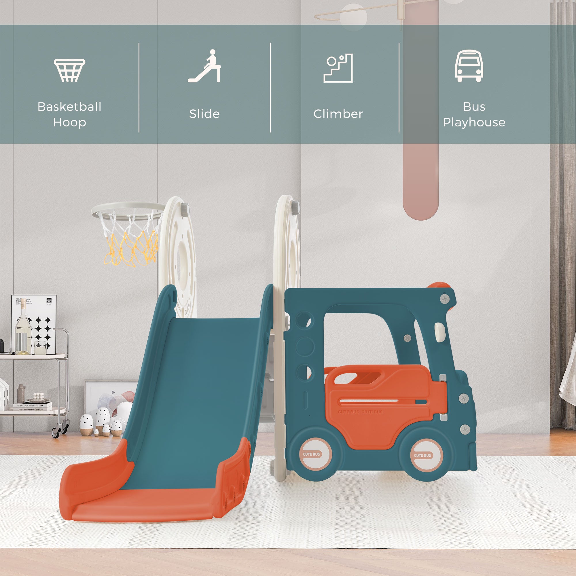 Kids Slide with Bus Play Structure， Freestanding Bus Toy with Slide for Toddlers， Bus Slide Set with Basketball Hoop