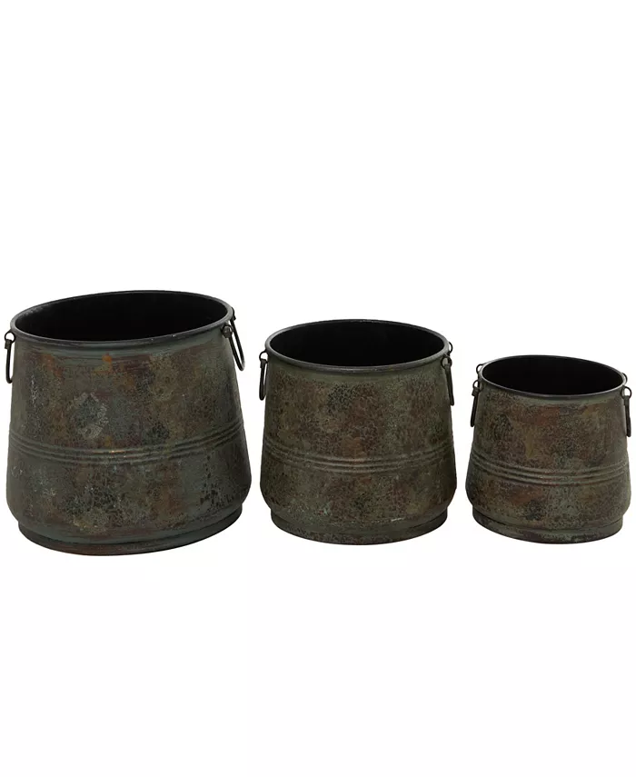 Rosemary Lane Brass Metal Indoor Outdoor Distressed Bucket Style Planter with Side Ring Handles Set of 3