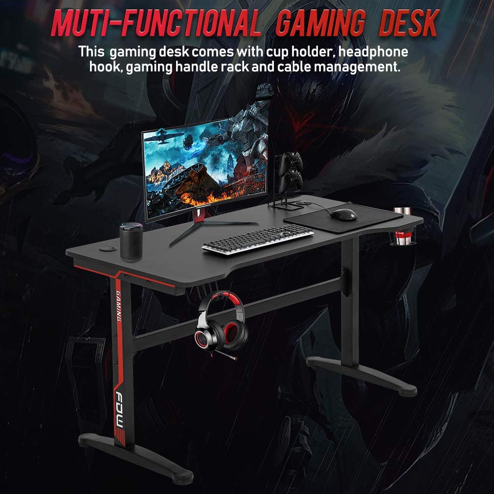 Gaming Desk Computer Desk Home Office Desk Extra Large Modern Ergonomic PC Carbon Fiber Writing Desk Table with Cup Holder Headphone Hook