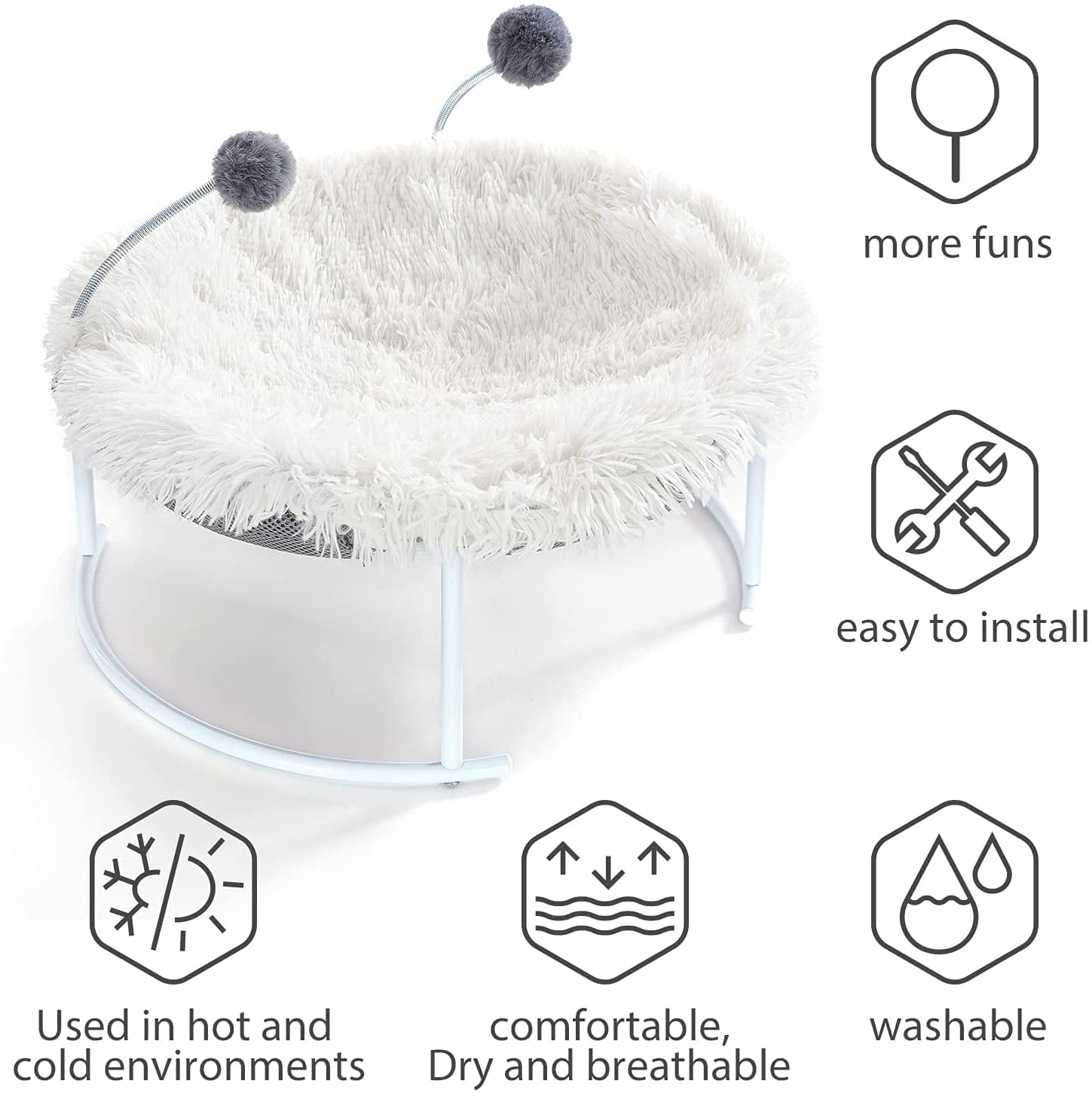 Cat Bed， Kenyone Elevated Pet Breathable Washable Hammock Bed for Cat Small Medium Dog with Plush Mat and Cat Toy Stuff Fur Ball Pet Supply for Kitty and Puppy Indoors and Outdoors (Gray)