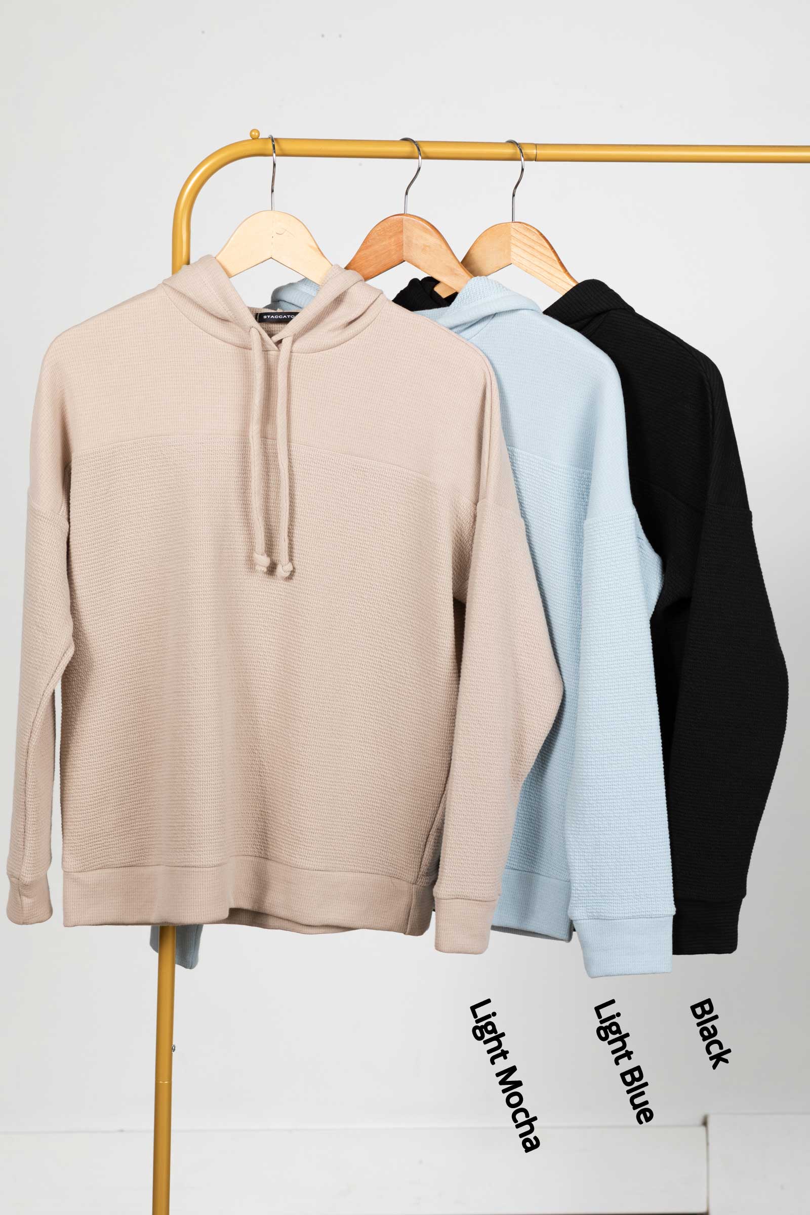 Knit Drawstring Hoodie With Waffle Texture