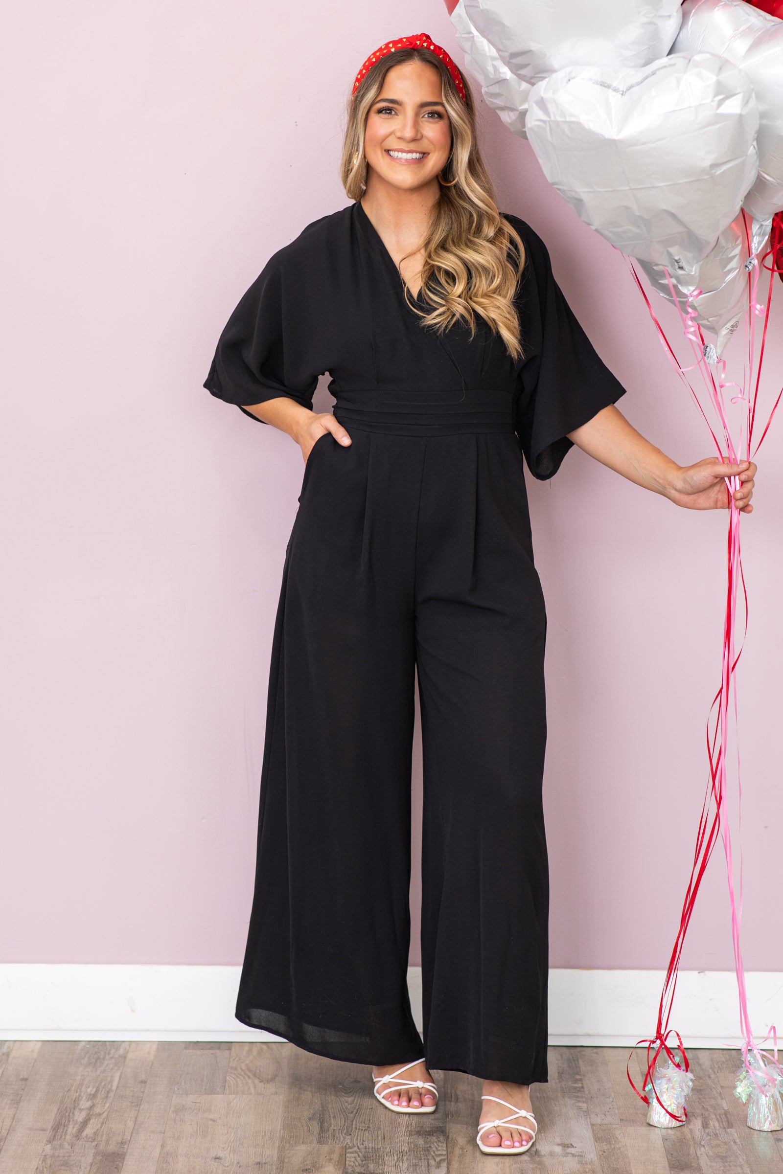 Black 3/4 Sleeve V-Neck Jumpsuit