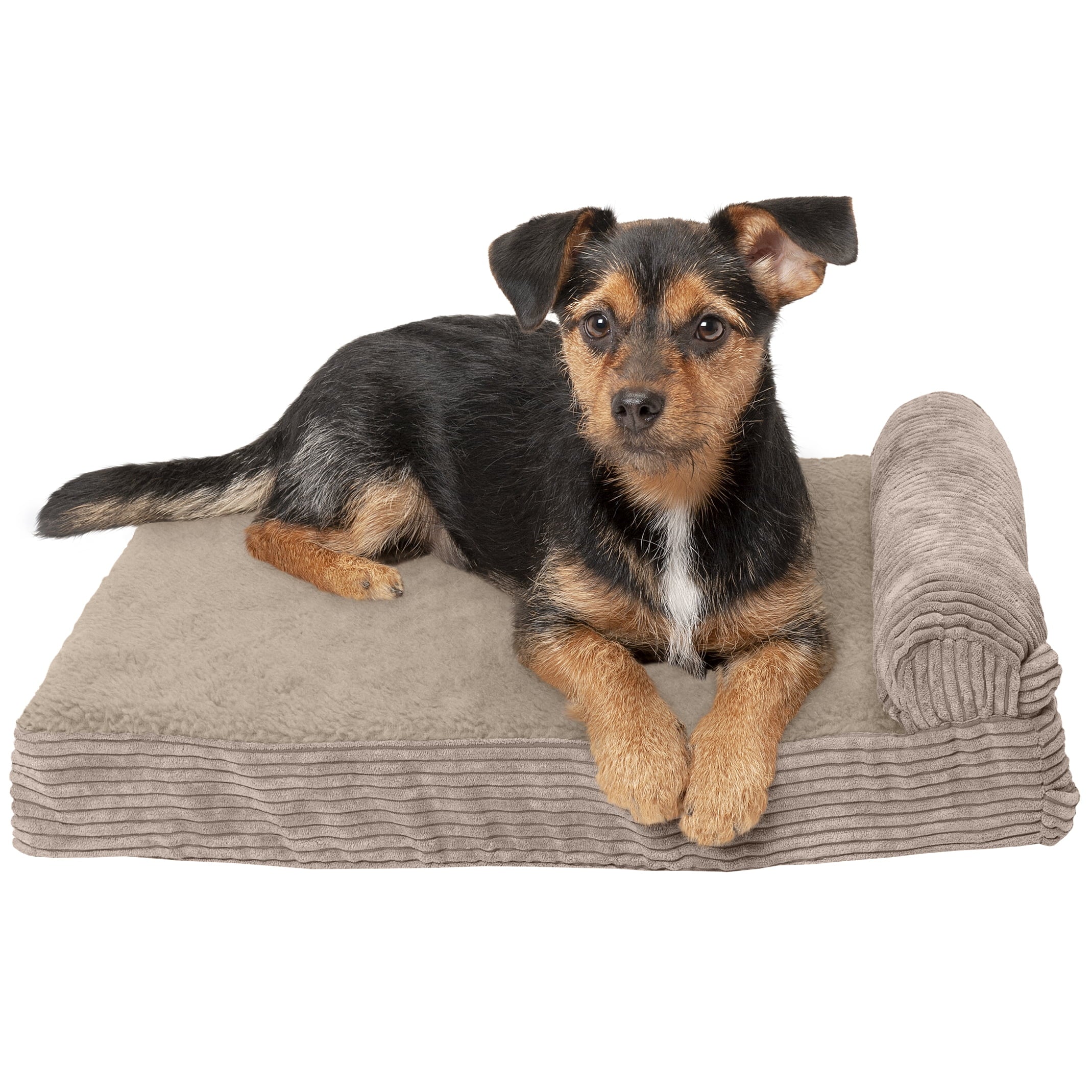 FurHaven | Memory Foam Corduroy Faux Fleece and Corduroy Chaise Lounge Pet Bed for Dogs and Cats， Sandstone， Small