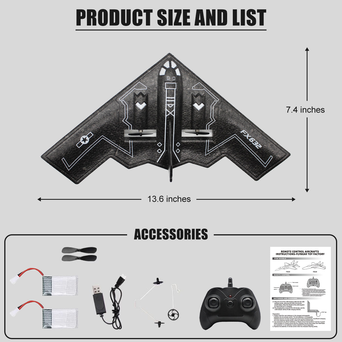 Fisca Remote Control Planes for Adults with 2 Batteries ， B2 Spirit RC Airplanes for Kids 14+
