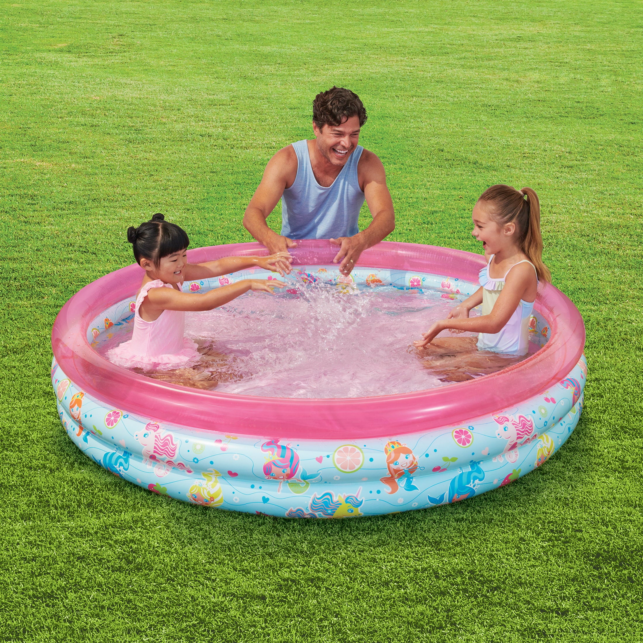 Round Inflatable 3-Ring Kiddie Splash Play Pool， Pink， For Kids， Age 2 and up， Unisex
