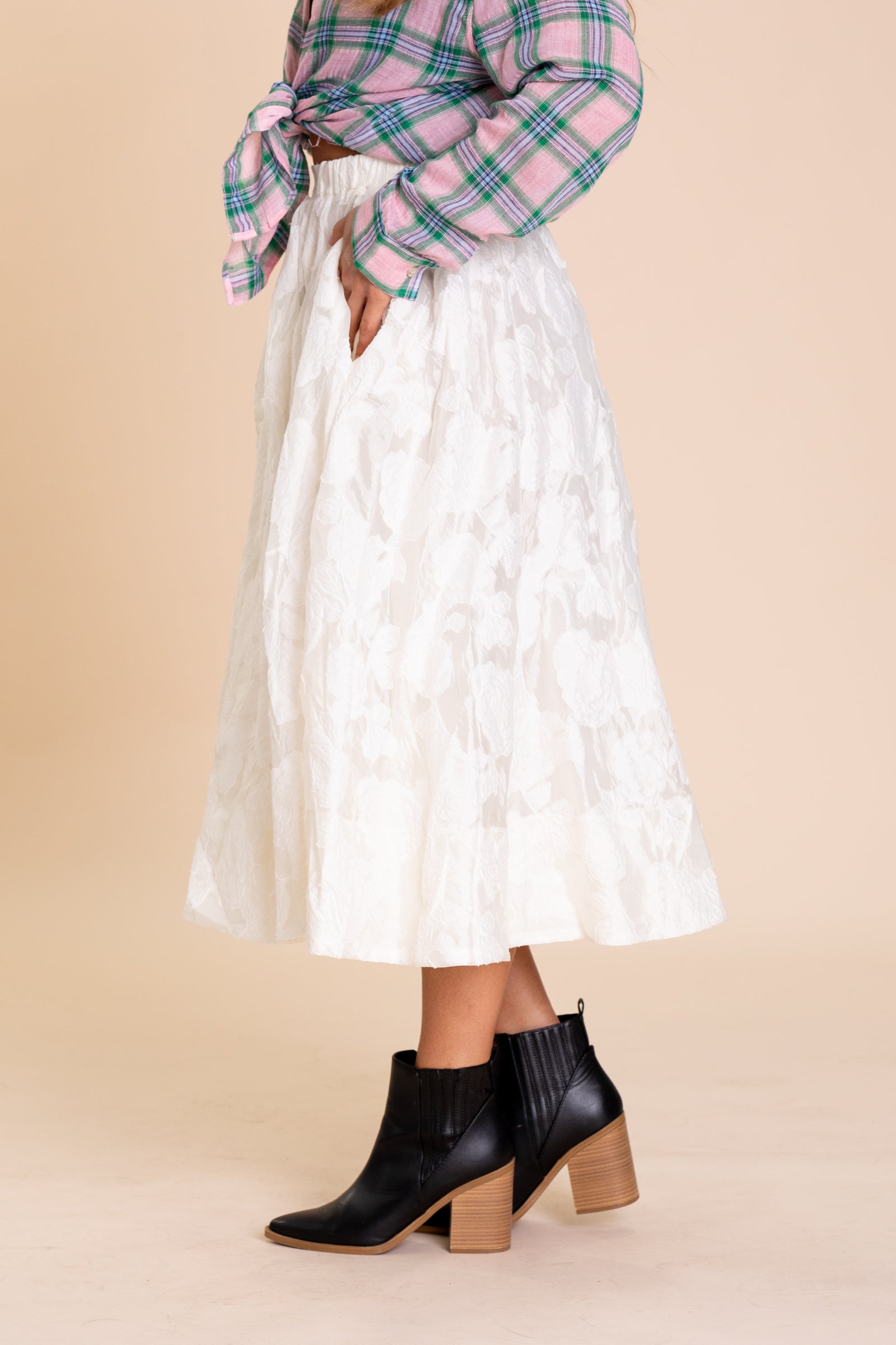 Cream Floral Print Elastic Waist Maxi Skirt